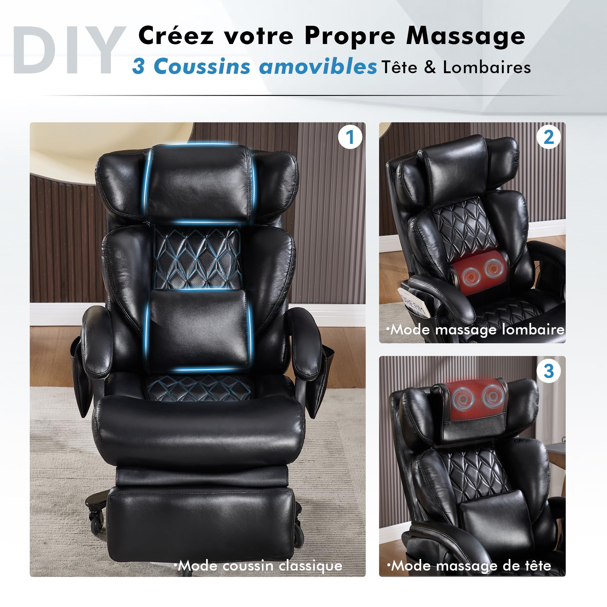 DEKKETO Chaise de Bureau Massante Chauffante, Ergonomique, Cuir PU, Noir