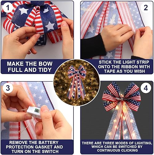 Miniatura 4 de Hying Arcos LED para corona del 4 de julio, lazos de corona patrióticos LED, lazos de arpillera rojo y azul, lazo de banderas estadounidenses con