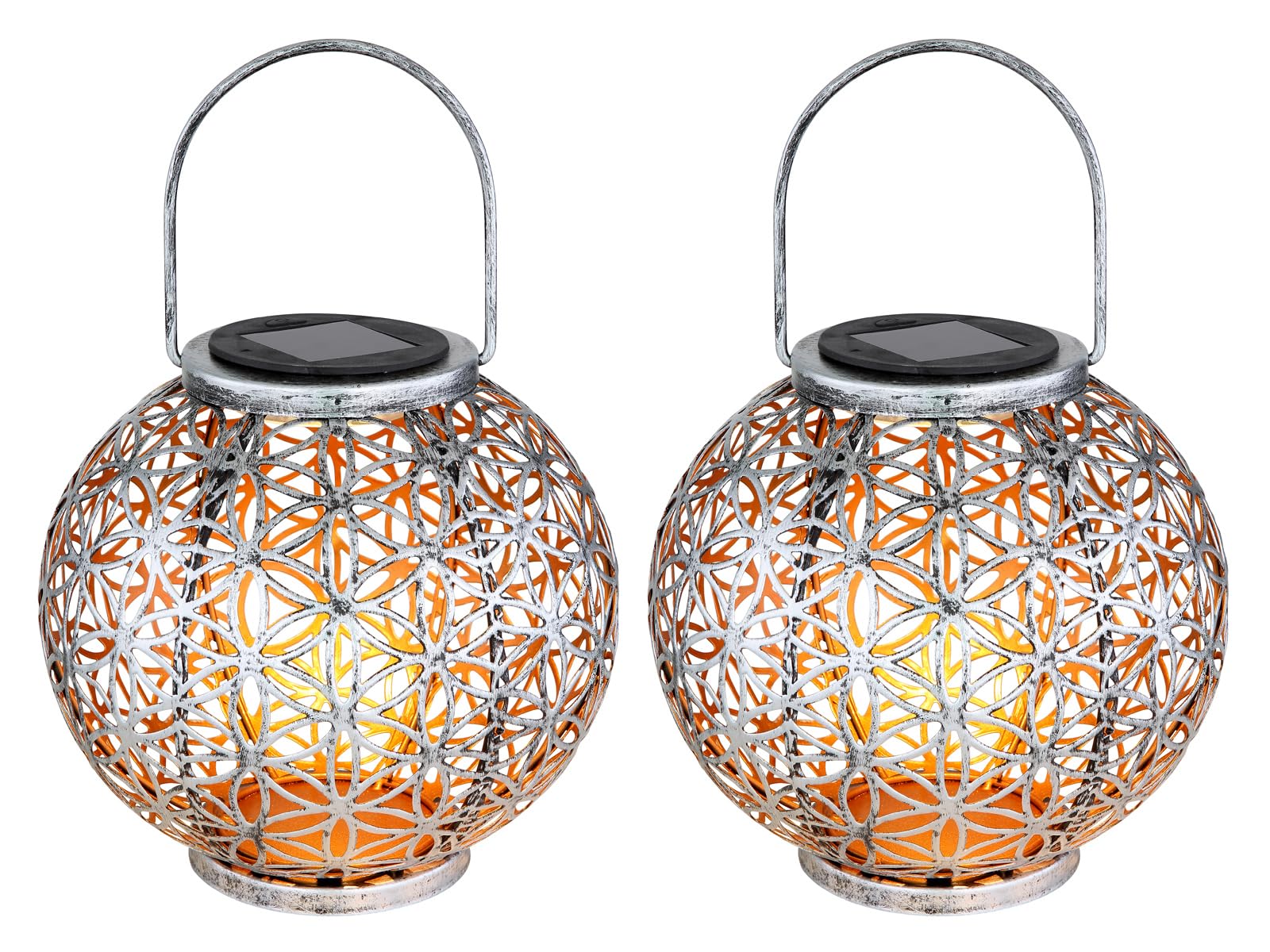 Set di 2 lanterne solari a sfera con punzonature decorative in argento antico e oro, Ø 20 cm