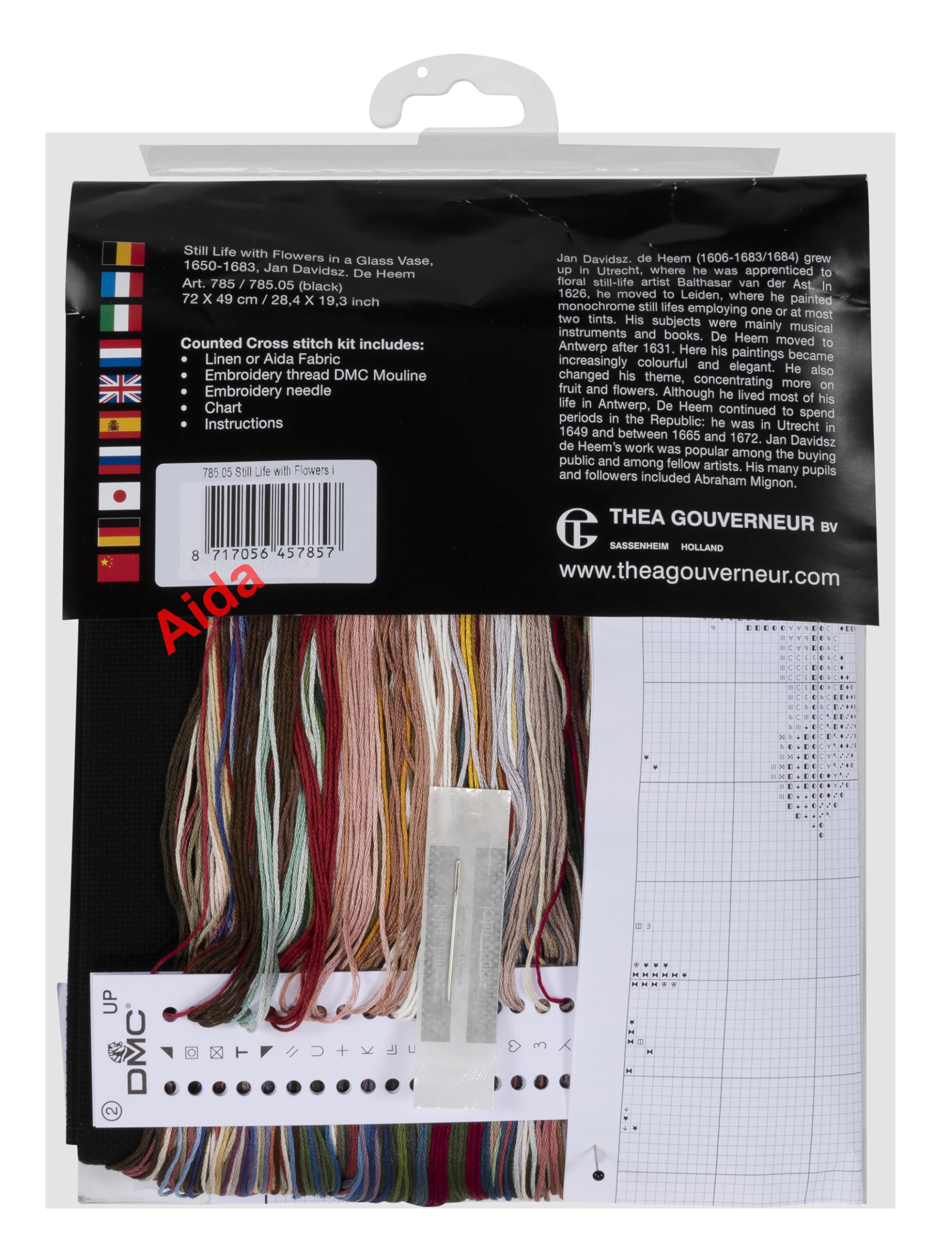 Thea Gouverneur 785.05 - Kit per Punto Croce contato, Natura Morta con Fiori in Un Vaso di Vetro, Tela Aida Nera, 18 Punti, per Adulti, Fili da Ricamo DmC e Altri Accessori per Punto Croce Inclusi