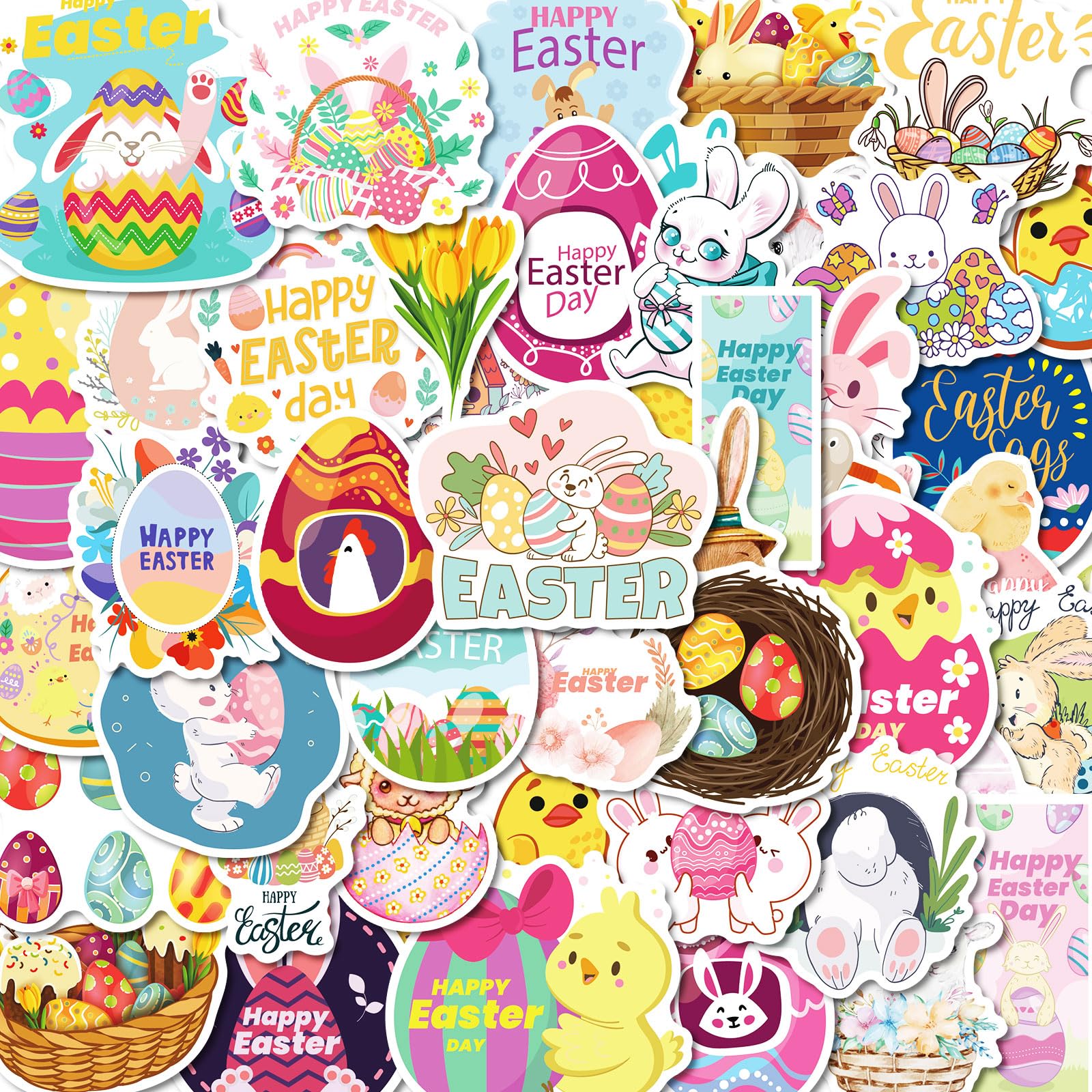 Easter Stickers - Easter Basket Stuffers Decorations - 100Pcs Non-Repeating Bunny Egg Stickers Stuffers Indoor Decor Gifts Vinyl Waterproof Party