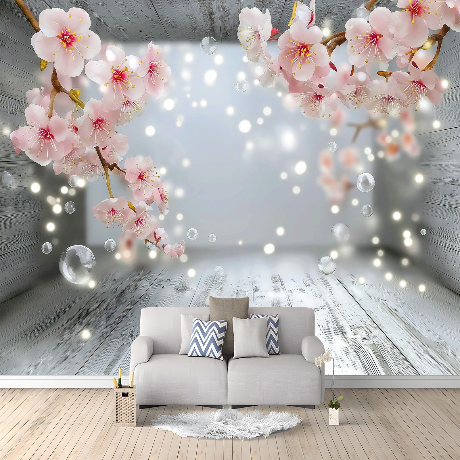 Modern 3D Rendering Photo Wallpaper Wooden Striped Floor Cherry Blossom Bubbles Large TV Background, Wall Art 3D Murals 450 x 280 cm Wall Sticker Bedroom Living Room Hallway Sofa Backdrop Decor