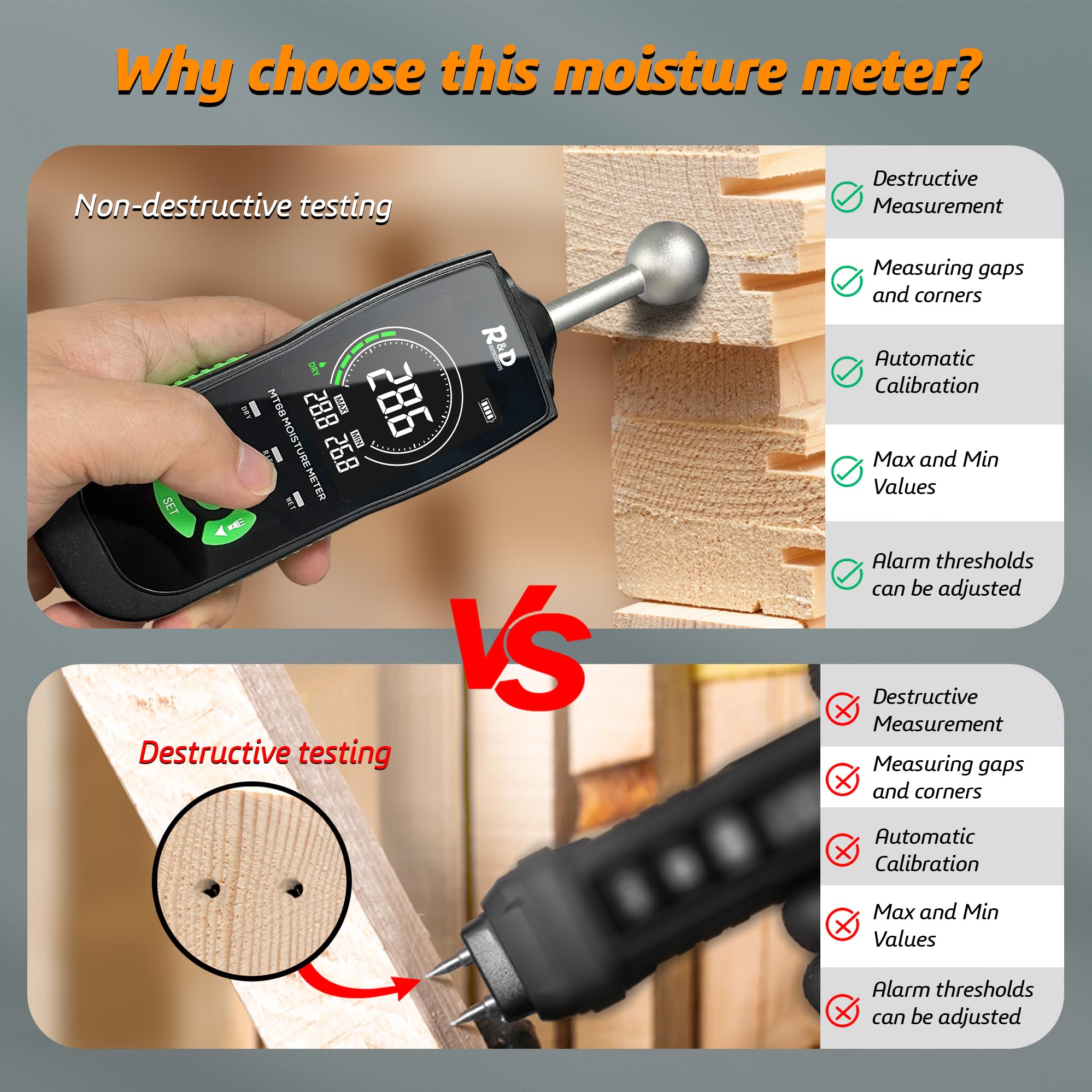 Luftqualitätsmonitor, MT68 Digitales Holzfeuchtemessgerät, berührungsloser Holzfeuchtigkeitsdetektor, LCD-Bildschirm, Hygrometer-Alarm