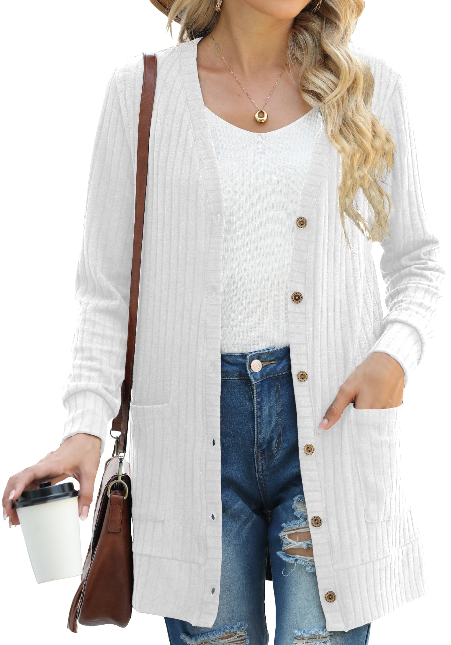 GRECERELLE Damesvest met lange mouwen, open voorkant, knoopsluiting, V-hals, geribbeld gebreid, lichtgewicht bovenkleding met zak, XL