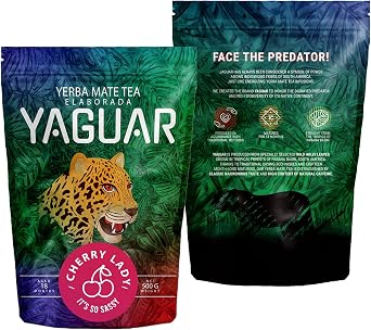 Yaguar Yerba Mate Tea Cherry Lady 0,5kg | Brazilian Yerba Mate 500g | Fruit & Herbal Tea Yerba Mate | Smoke Dried | Cherry | Hibiscus Tea | Rooibos | Ginger | Natural Energy Drink | Loose Leaf Tea