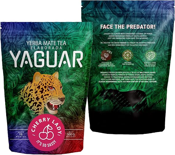 Yaguar Yerba Mate Tea Cherry Lady 0,5kg | Brazilian Yerba Mate 500g | Fruit & Herbal Tea Yerba Mate | Smoke Dried | Cherry | Hibiscus Tea | Rooibos | Ginger | Natural Energy Drink | Loose Leaf Tea