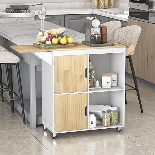 Miniatura 6 de Usinso Isla de cocina rodante, gabinetes de almacenamiento de isla de cocina sobre ruedas con encimera de hojas caídas, estantes de mango, carrito