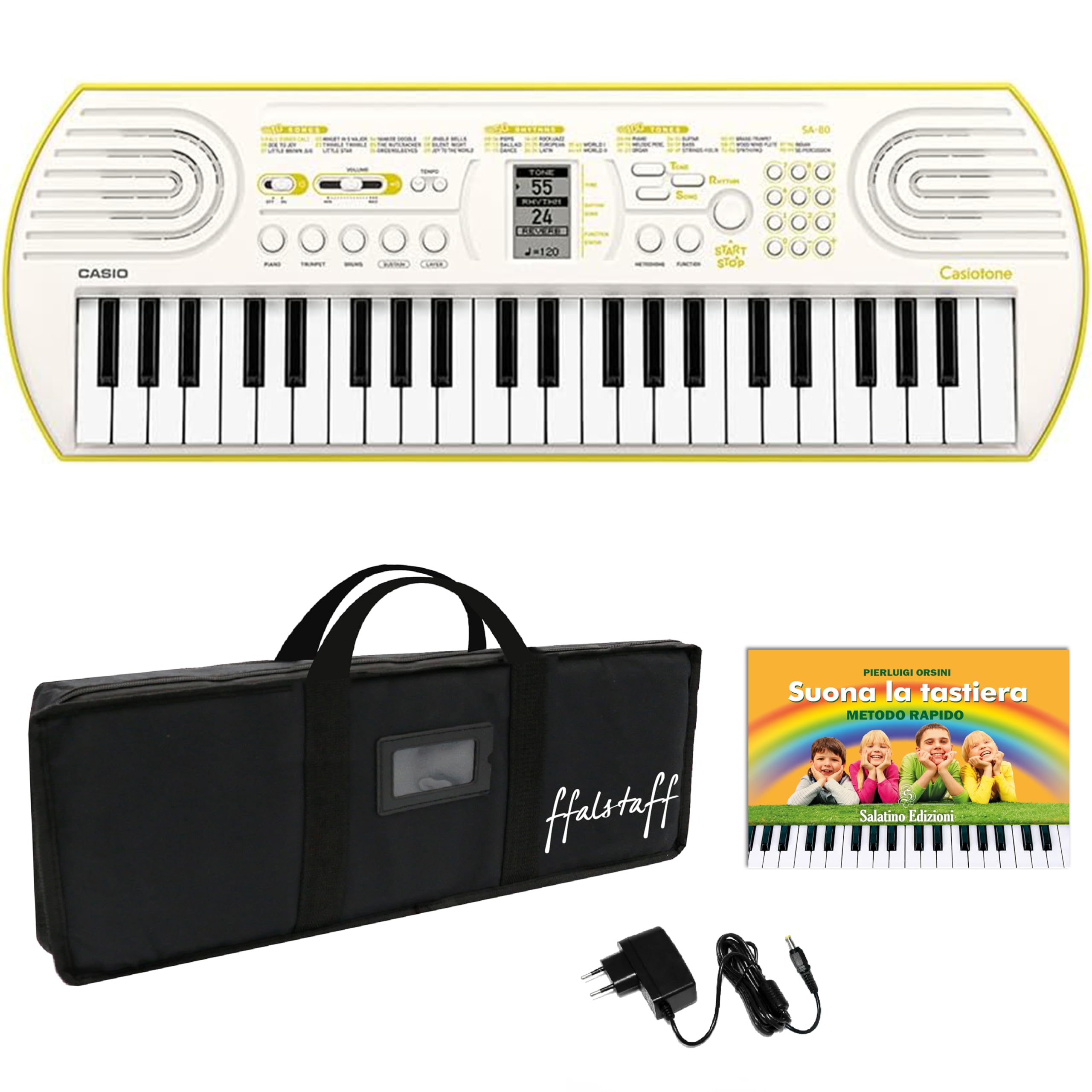 Kit Tastiera Casio SA80 (Fondo Verde) con Alimentatore, Borsa ffalstaff imbottita e E-book "Suona la Tastiera" (SA80+ Borsa ffalstaff + Alimentatore)