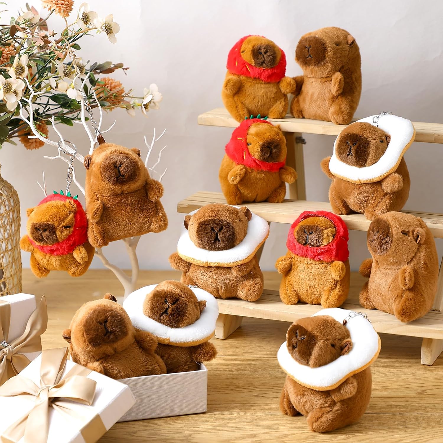 Highergo 12 Pcs Capybara Plush Keychain Cute Small Capybara Stuffed Animal Toys Kawaii Plush Keychain Pendant with Strawberry Hat Bread Scarf for Valentines Gift Birthday Party Decor