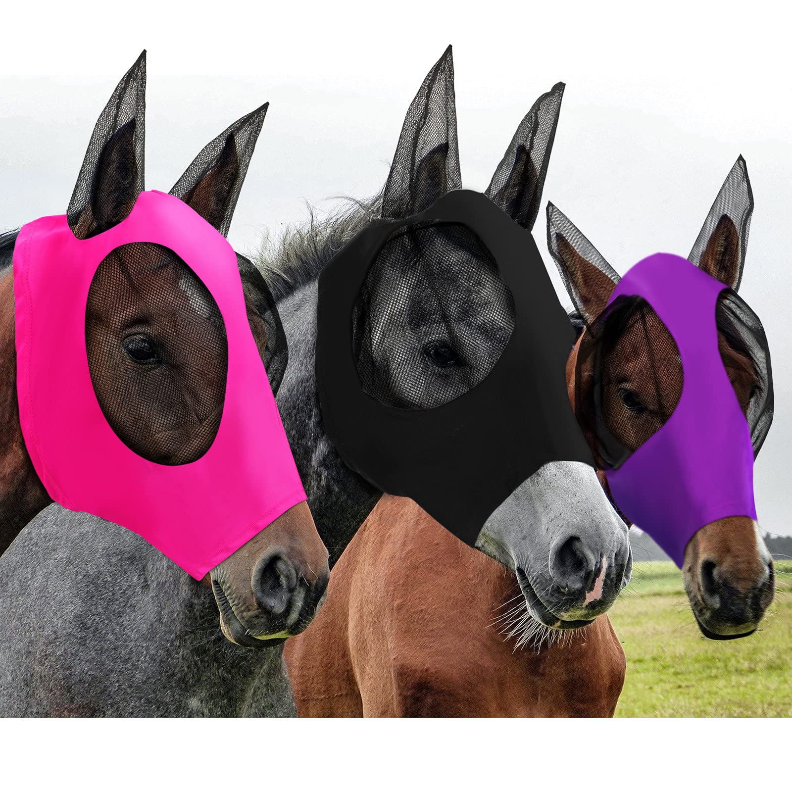 Weewooday 3 Pcs Horse Fly Mask with Ears UV Protection Full Face Fly Masks for Horses Elastic Smooth Breathable Comfortable Fit for All-Day(L,Purple,