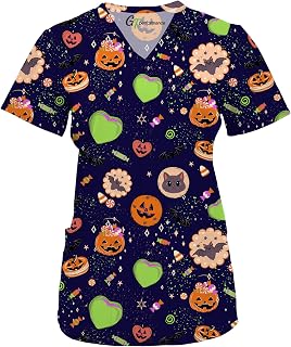 Green Town Scrubs for Women V-Neck Scrub Top - Christmas Thanksgiving Halloween Holiday Prints