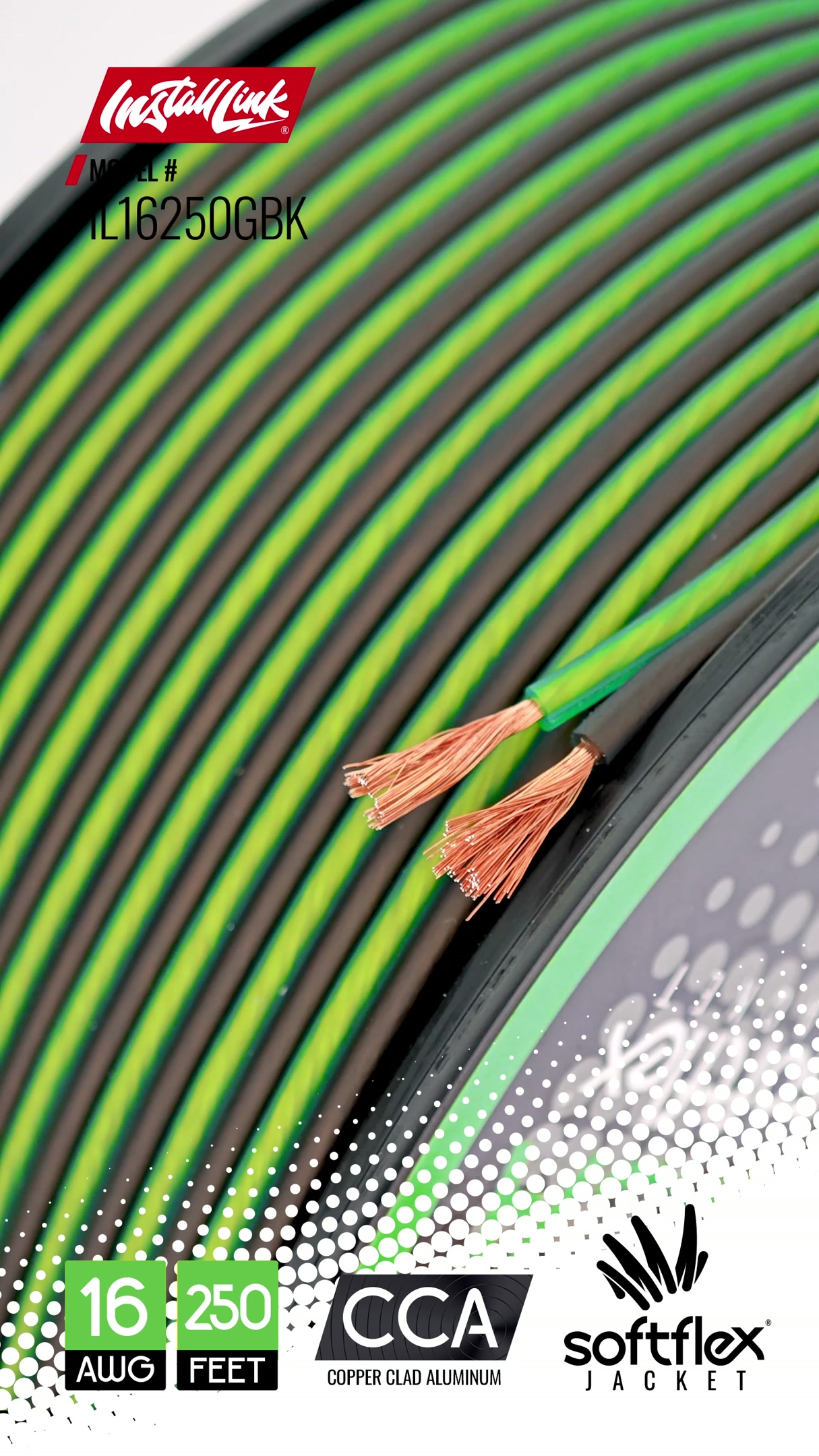 Image of Install Link 16 AWG Gauge Speaker Wire (250 Feet) Car or Home Theater (CCA) | 16 /2 Speaker Cable, 2-Conductor, Frosted Green /Black, Easy Strip, Polarity ID, for Car Audio & Home Stereo