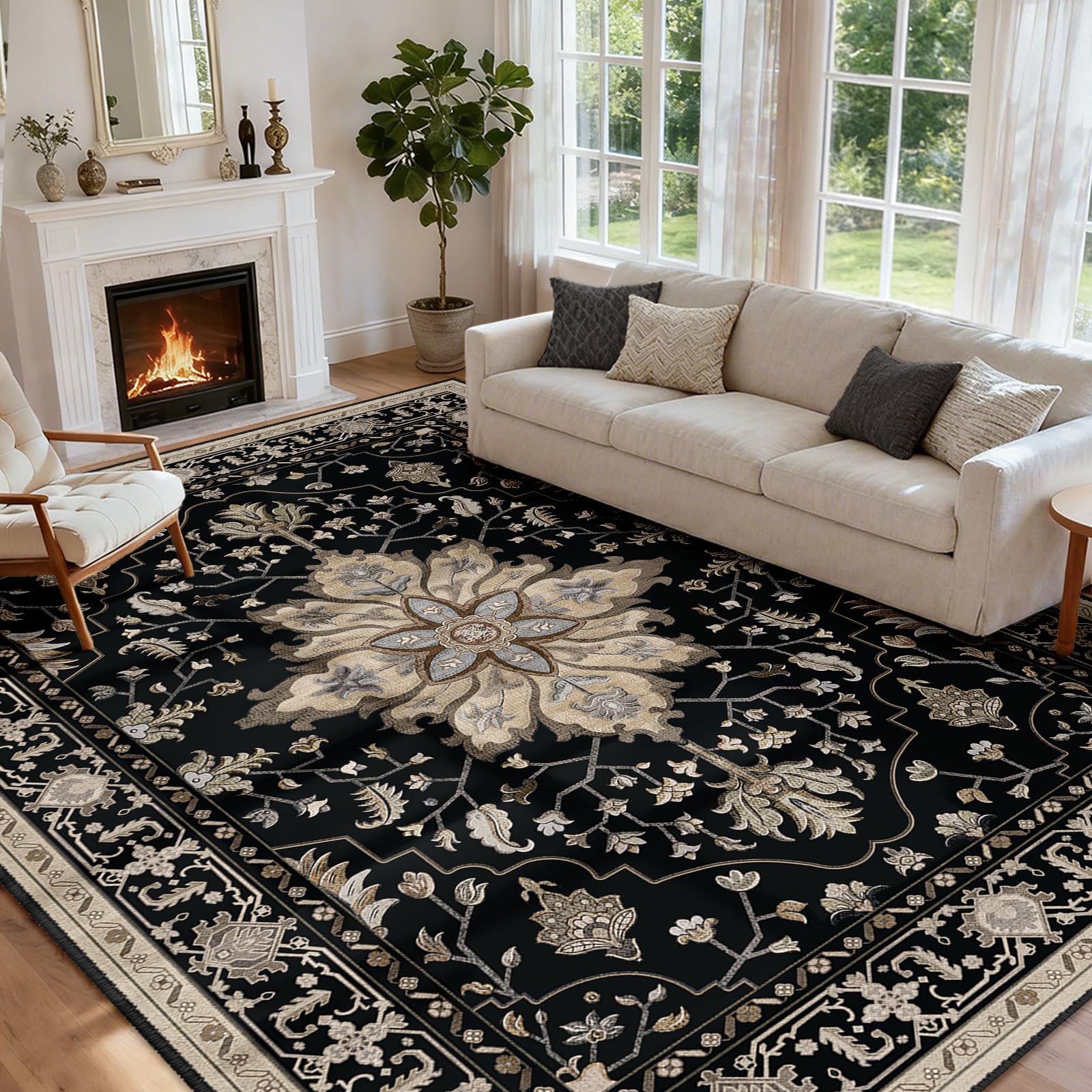 INOVADAY Machine Washable Rugs 240x300 cm Vintage Area Rug Low Pile Anti-Slip Carpet with Print Pattern for Living Room Bedroom Home Office Indoor Black/Brown โ image 1