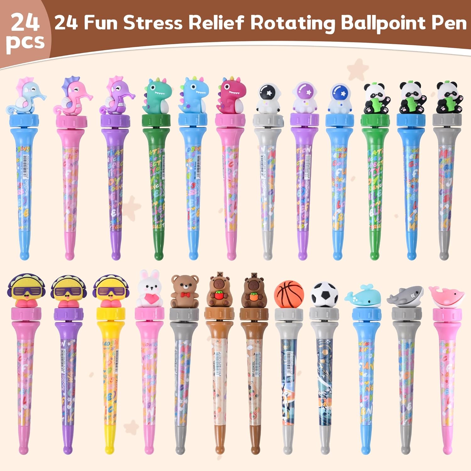 Ulema 24 Pcs Fidget Pens Fun Cute Kawaii Pens，Stress Relief Rotating Pen for School, Office, Home, Birthday Gifts Supplies Classroom Rewards.
