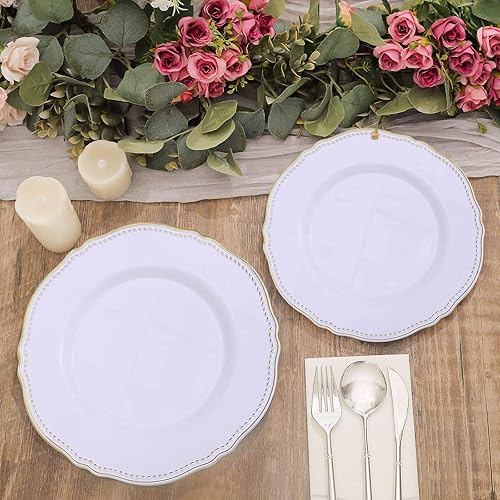 Miniatura 9 de Efavormart - Paquete de 10 platos llanos de plástico con borde festoneado blancodorado de 9 pulgadas, platos desechables de fiesta para bodas,