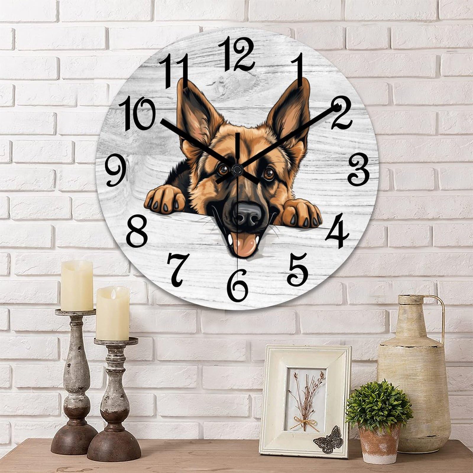 Horloge murale ronde decorative chien moderne silencieuse de 38cm pour chambre et bureau
