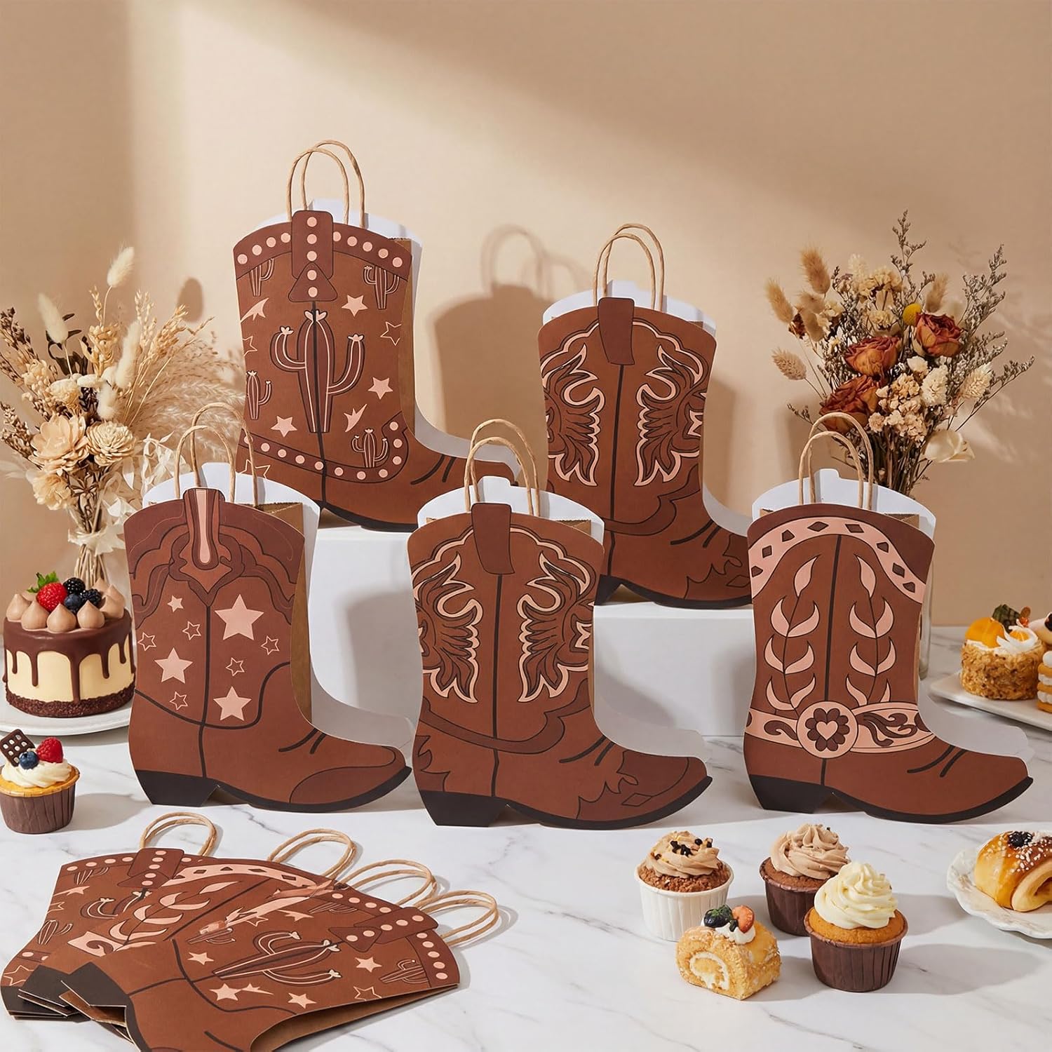 Tioncy 24 Pcs Cowboy Cowgirl Boots Paper Bags Western Theme Party Decorations Wild West Kraft Gift Bags with Handle Rodeo Boot Goodie Bag for Bachelorette Last Rodeo (Classic Style,Brown)