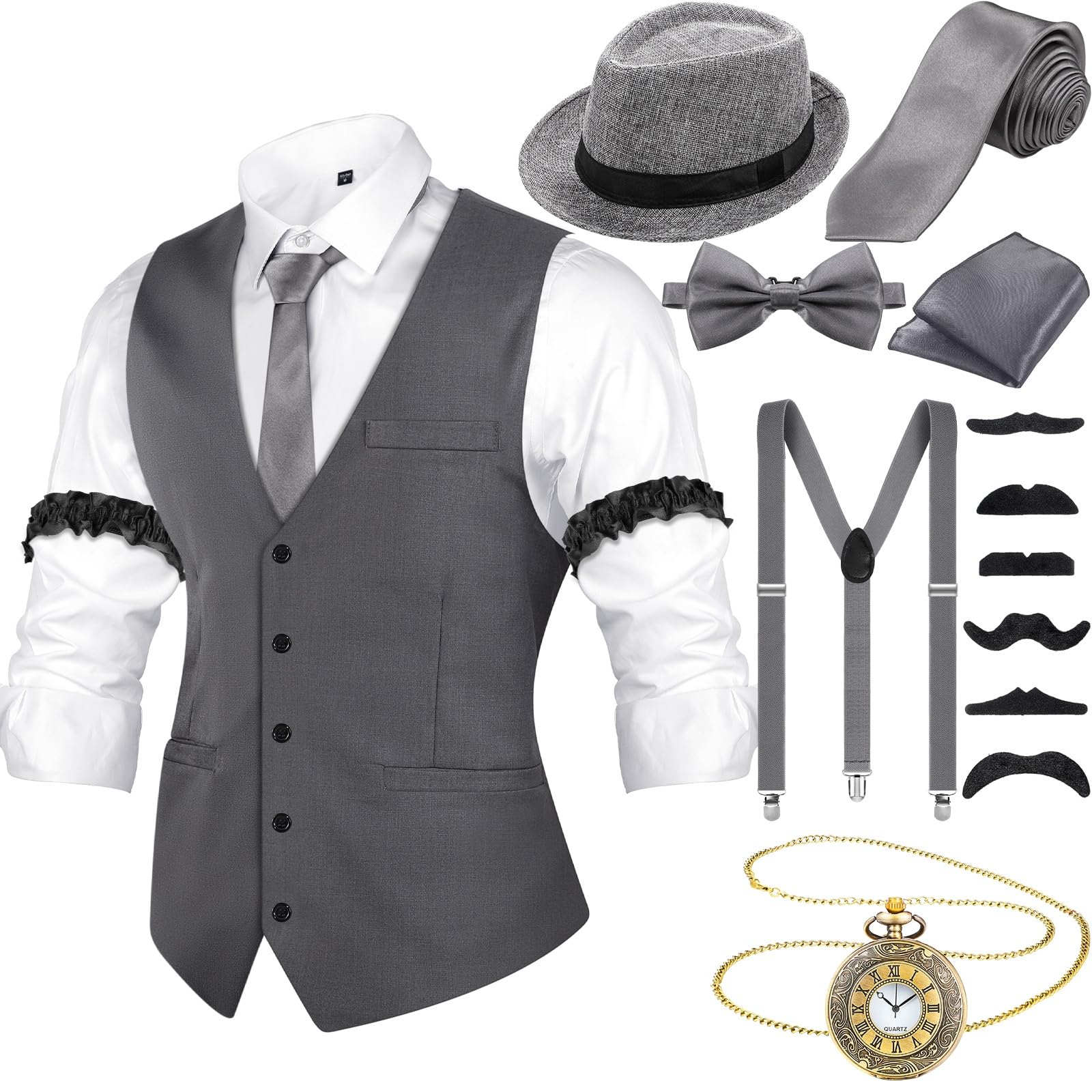 1920s Mens Costume Accessories Outfit with Gangster Vest Fedora Hat Vintage Pocket Watch Bow Tie Suspenders Cigar (Gray, Medium)
