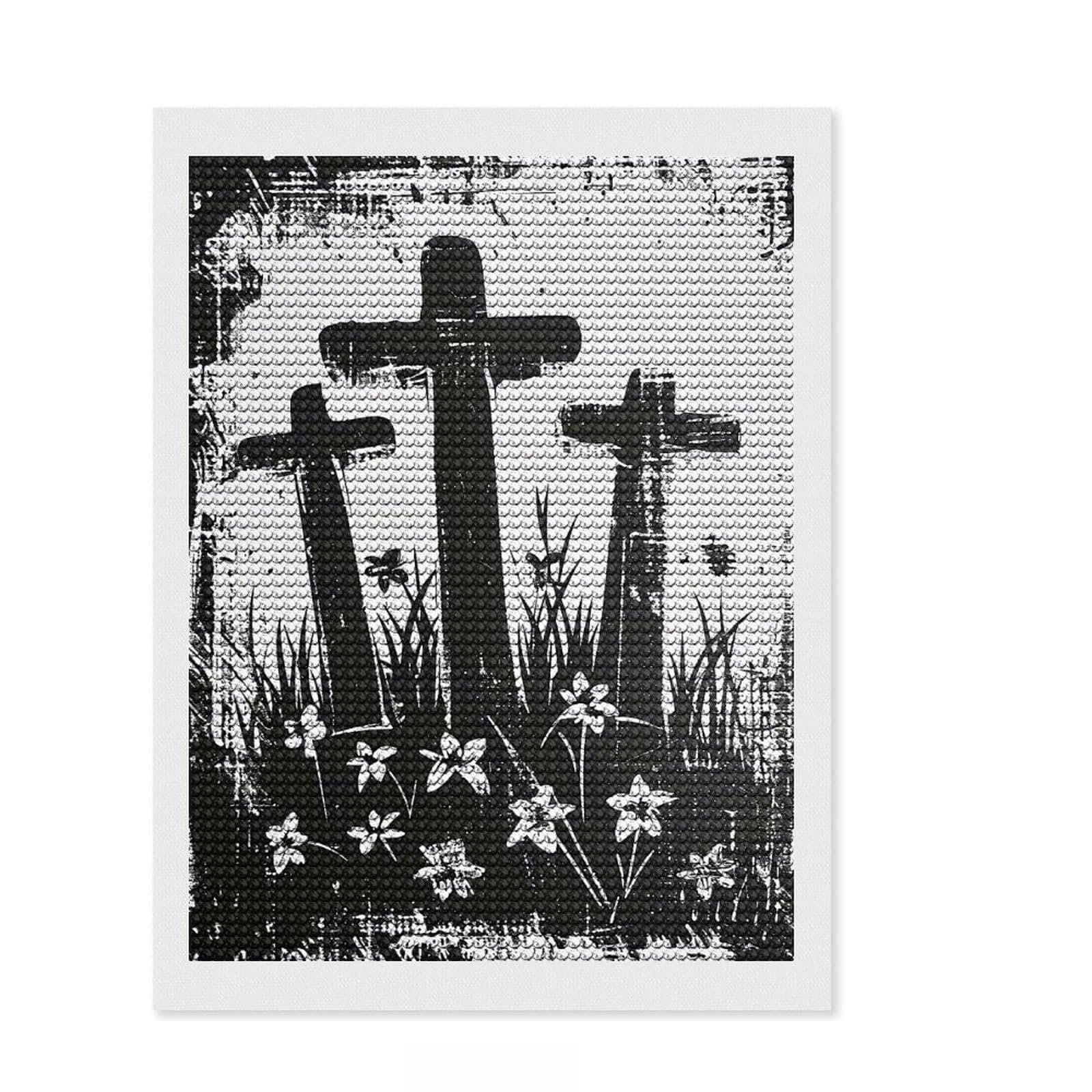 Junmoney Three Crosses Diamond Art Canvas 12"x16", for Adults, Enjoyable At-Home Hobby, Bedroom Decor, Festive Craft Gift, Easy to Enjoy