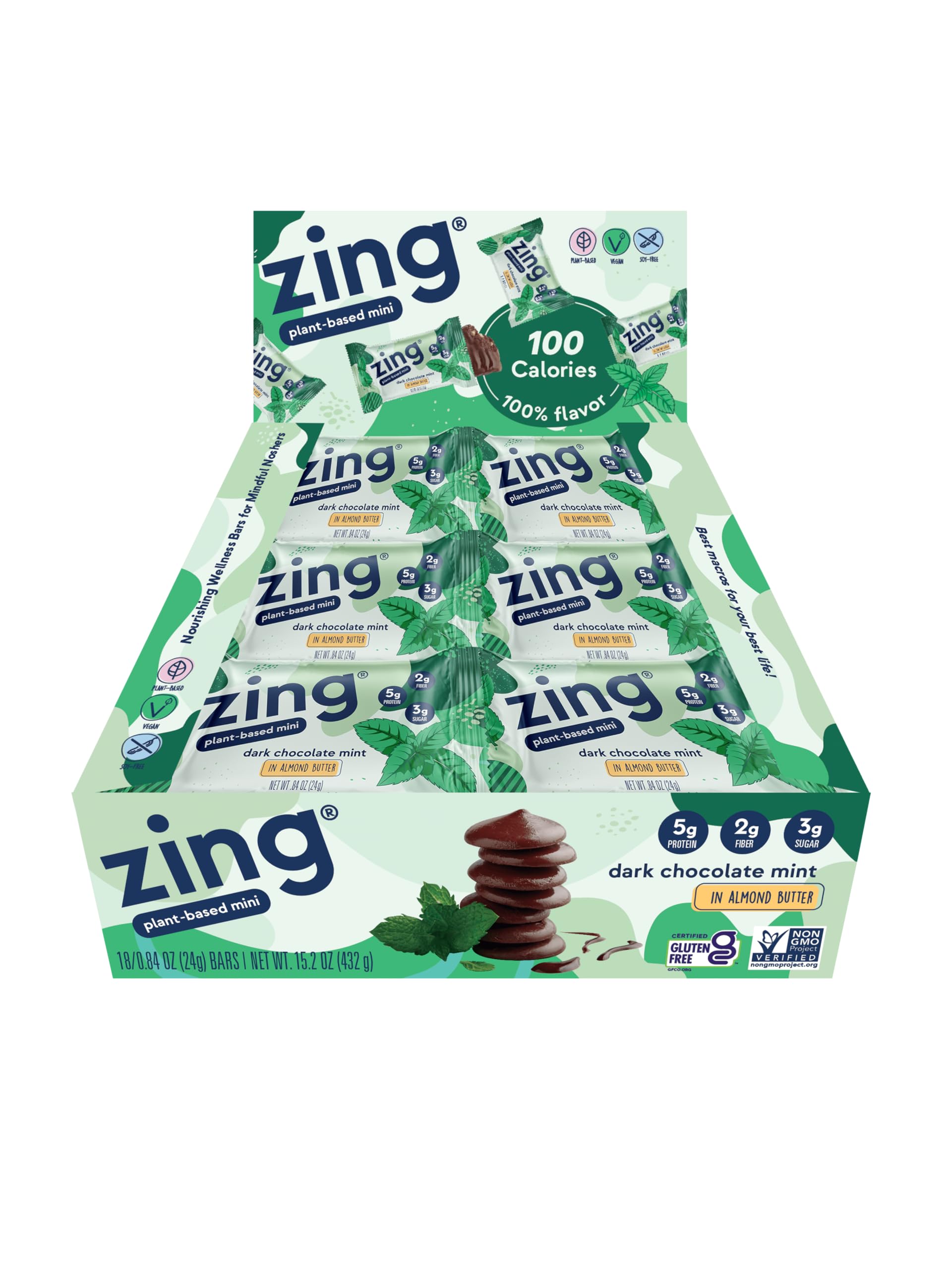 Zing Dark Chocolate Mint Kids Protein Bars, Gluten Free 100 Calorie Mini Bars with High Protein, Vegan Nutrition Bars, Dairy Free Plant Based Protein, Kosher, Low Sugar, No Sugar Alcohols - 18 count