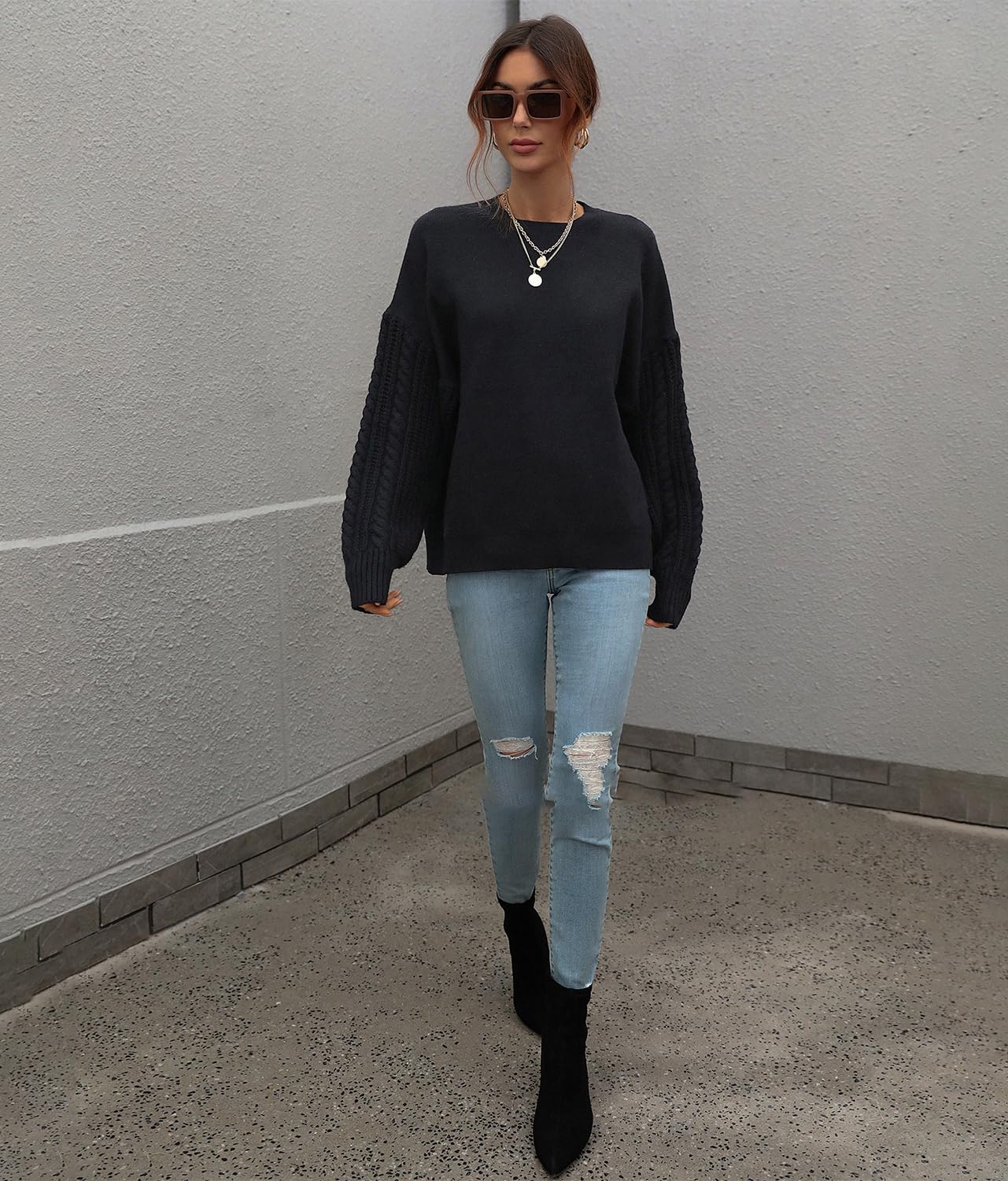 JFAN Damski zimowy sweter z okrągłym dekoltem luźny luźny sweter damski elegancki sweter