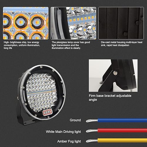 Miniatura 9 de Safego - Barra de luz LED redonda de 7 pulgadas, 2 unidades, 270 W, doble color, blanco y ámbar, luces LED todoterreno, luz de conducción para