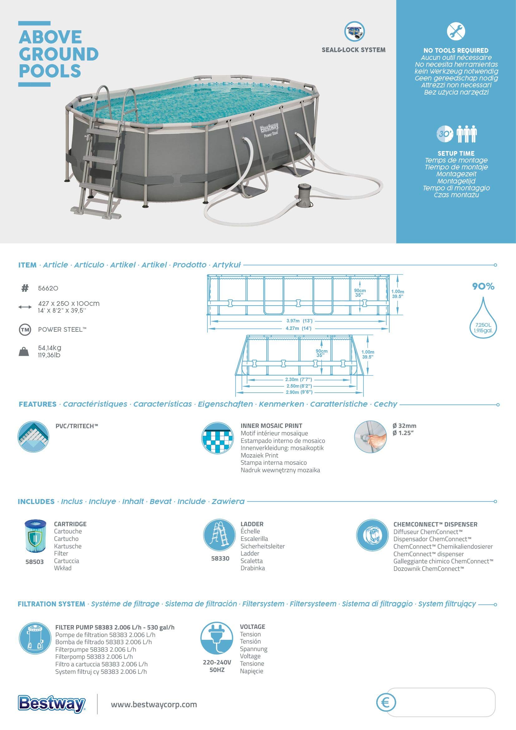 Bestway Power Steel 56620 basen z ramą, owalny, 7250 l, niebieski, szary, 90 cm, 1817 l/h)