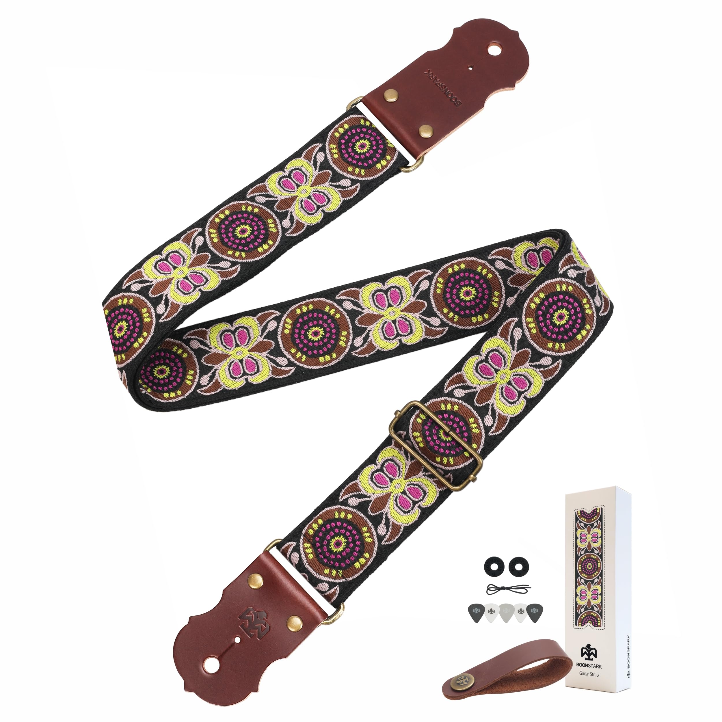 Butterfly Guitar Strap - Real Thick Cowhide Ends,Safe Durable,2in Wide Soft Jacquard Embroidered Cotton Adjustable Guitar Straps for Acoustic,Bass &amp; Electric Guitars,Guitarists Gift Set