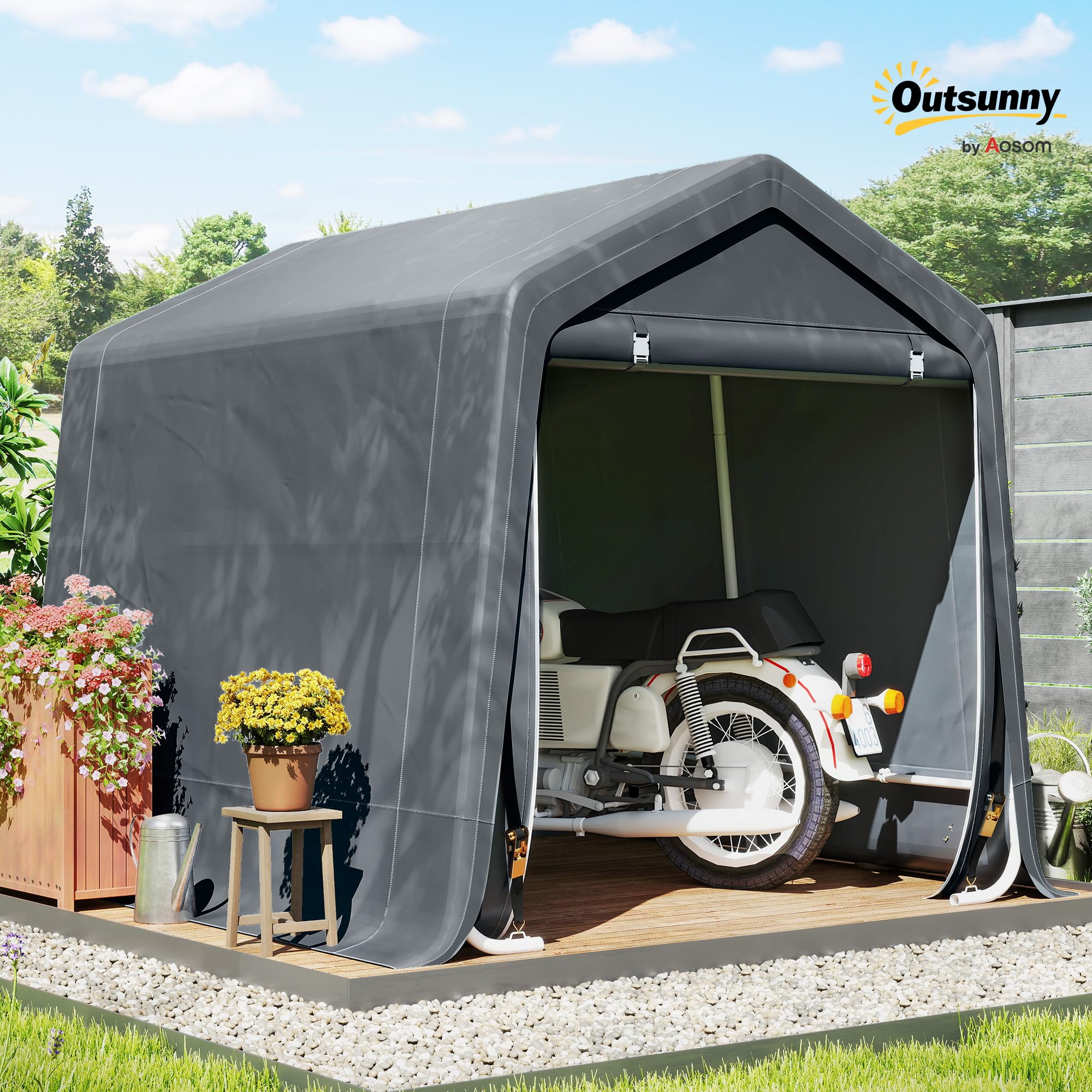 Outsunny Garage Moto per Esterno 2.4x2m, Tenda in Metallo e Tessuto PE, Grigio Scuro