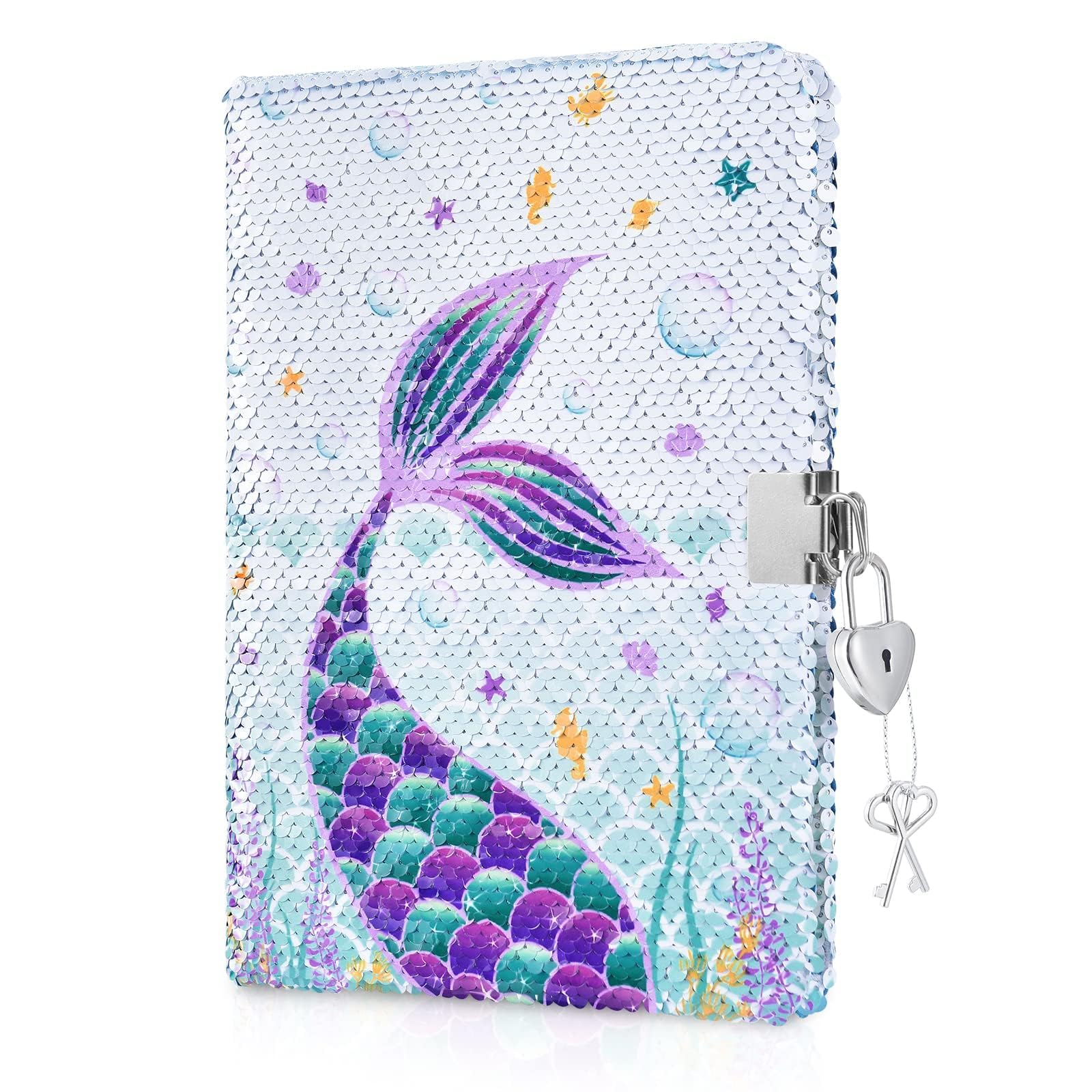 WERNNSAI Sequins Mermaid Kids Diary for Girls, Secret Diary with Lock and Key, Kids Journal Notebook Birthday Christmas Mermaid Gift for 6 7 8-12 Year Old Girls, School A5 Writing Drawing Notepad