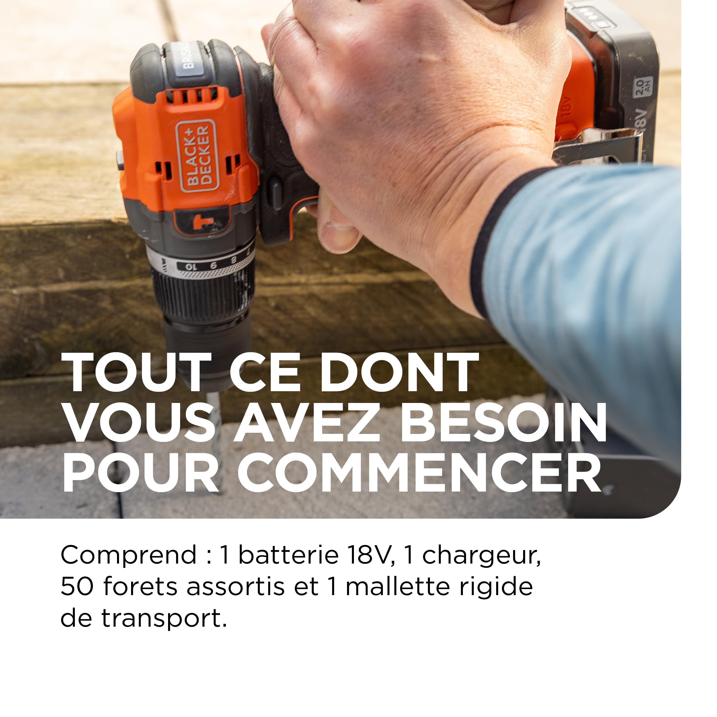 BLACK+DECKER Perceuse à percussion sans fil brushless 18V avec batterie 2,0Ah, chargeur, 50 accessoires et mallette de transport, BLD783D1KA-QW