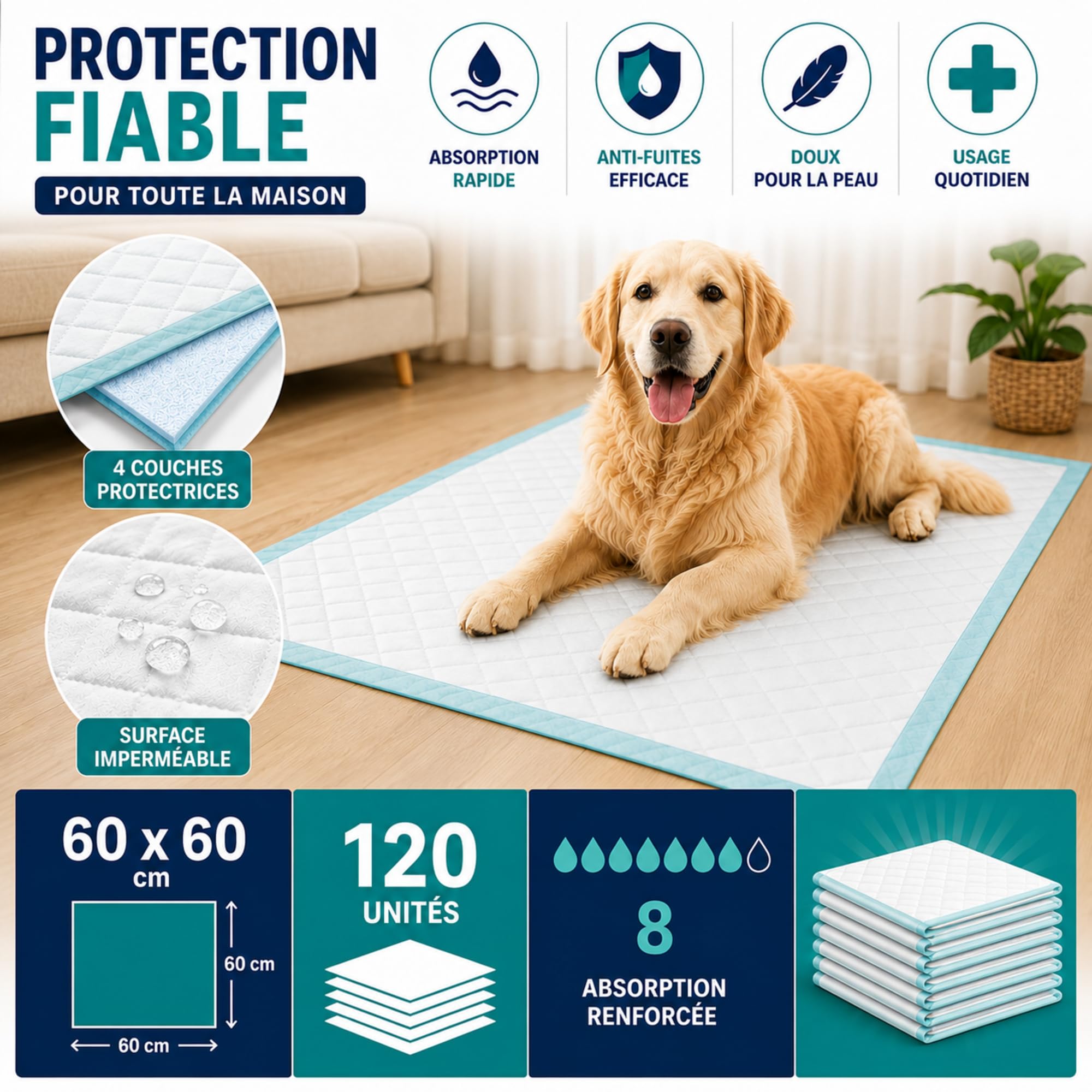 120 Alèses Jetable Ultra-Absorbante pour Incontinence (60x60 cm) – Imperméable, Hypoallergénique et Douce – Protection pour Lits, Fauteuils et Chaises – Le Pro du Médical