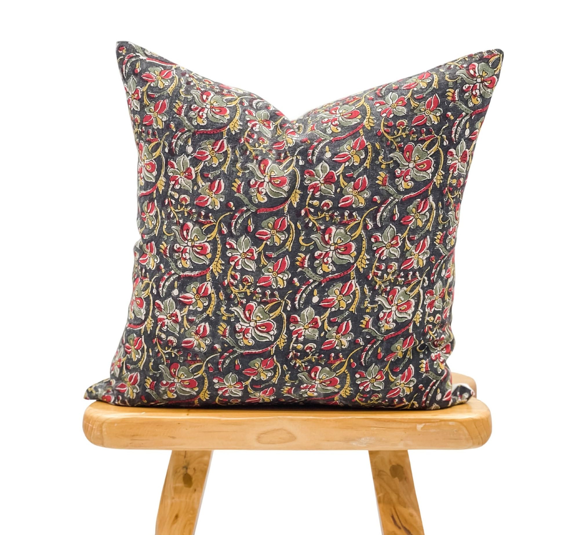 Krinto Black and Coral Floral Design on Natural Linen Pillow Cover, Black and Red Pillow Cover, Boho Pillow, Farmhouse Pillow, Floral Pillow (Black,Red, Olive and Mustard., 14