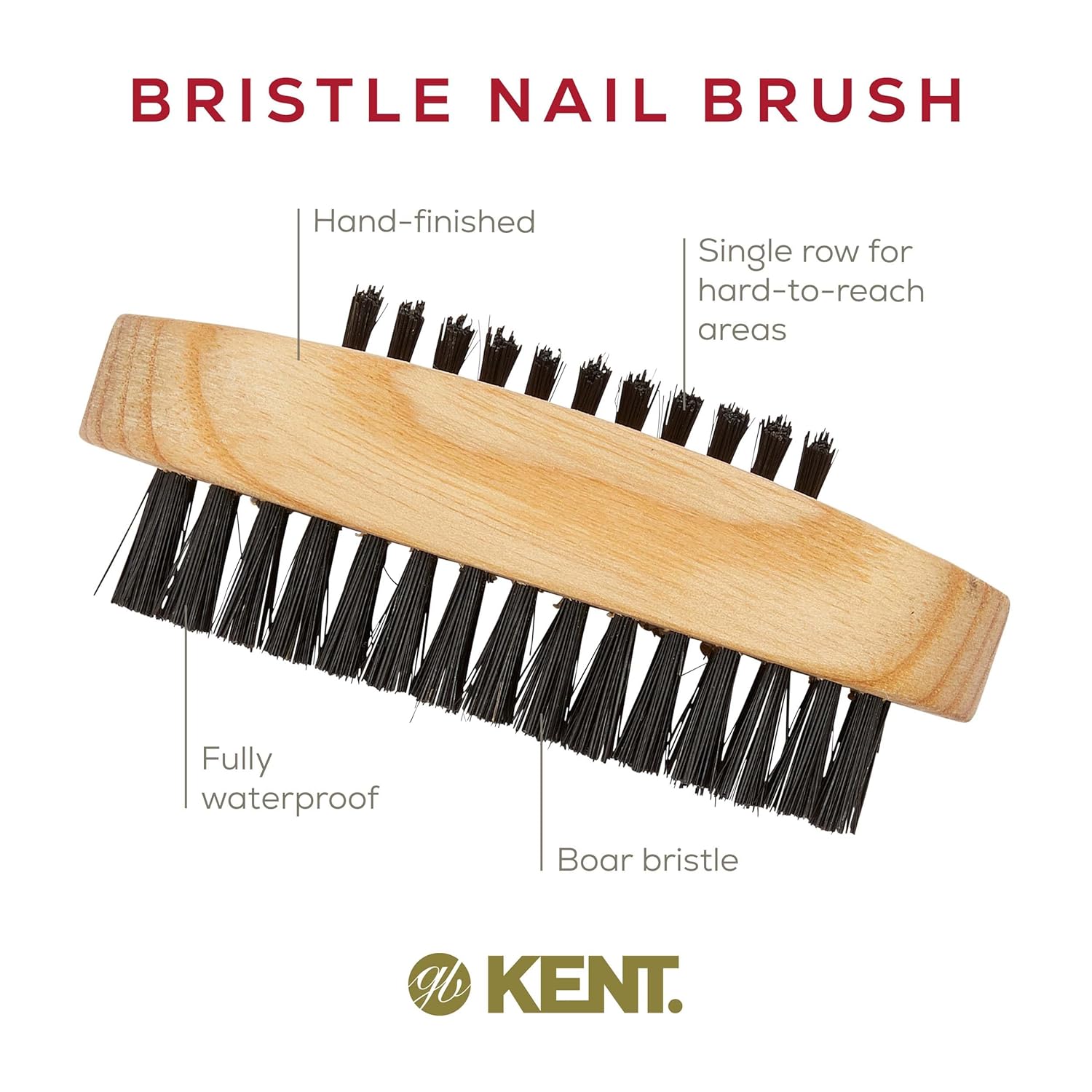 Kent NB2 Natural Bristle Fingernail Brush and Hand Scrub Brush, Beechwood Nail Brusher to Clean Nails and Scrubber for Hands and Feet