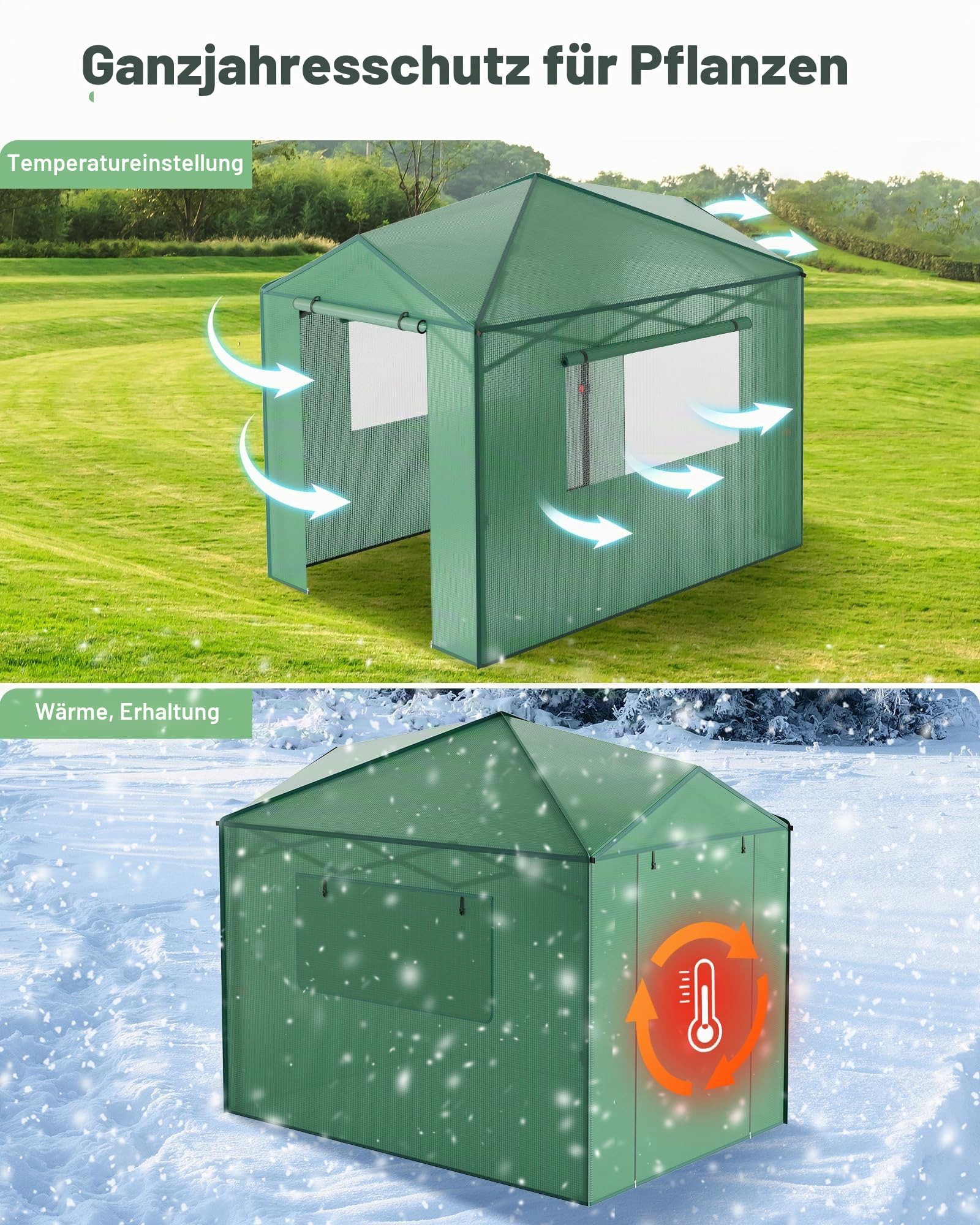 GarveeHome Gewächshaus Tunnel – Stabiler PE-Bezug, robuster Rahmen, Zipper-Türen & Mesh-Fenster, schneller Aufbau, UV-beständig, Winterfest – Ideal für Pflanzenaufzucht im Garten, Innen
