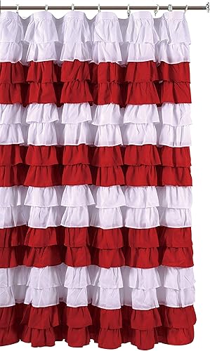 Cortina de ducha de tela de rayas náuticas con volantes en cascada Tamaño 72 x 72 pulgadas (blancorojo) disponible en Yaxa Costa Rica