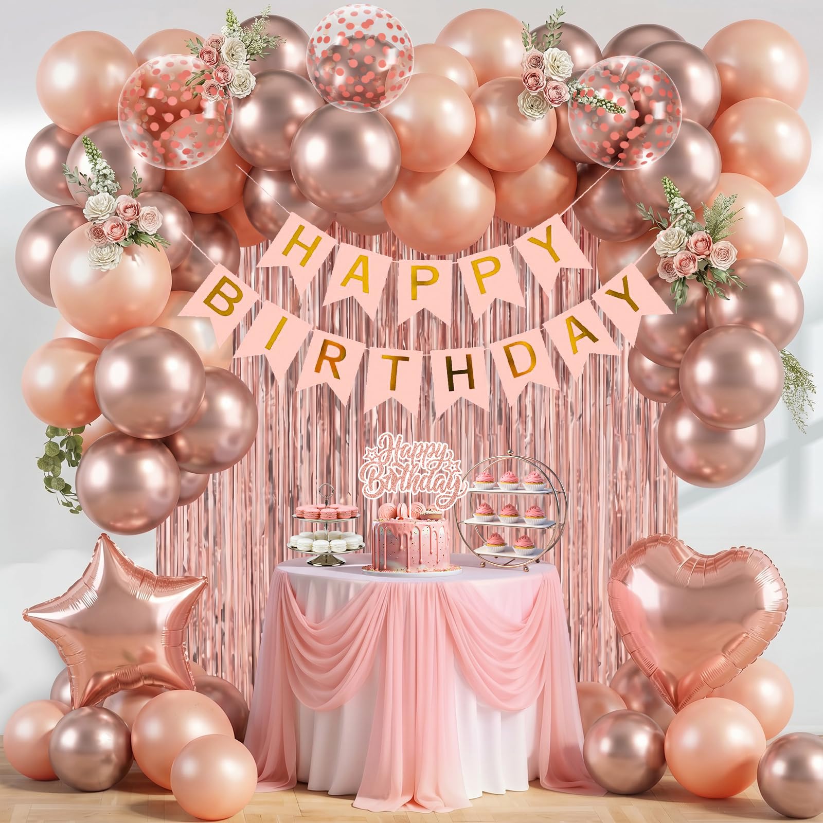 Rose Gold Birthday Decorations, 48pcs Rose Gold Party Decorations with Happy Birthday Banner Latex Balloons Tinsel Curtain Star Heart Foil Balloons for Girls Women Birthdays Decoration Party Supplies