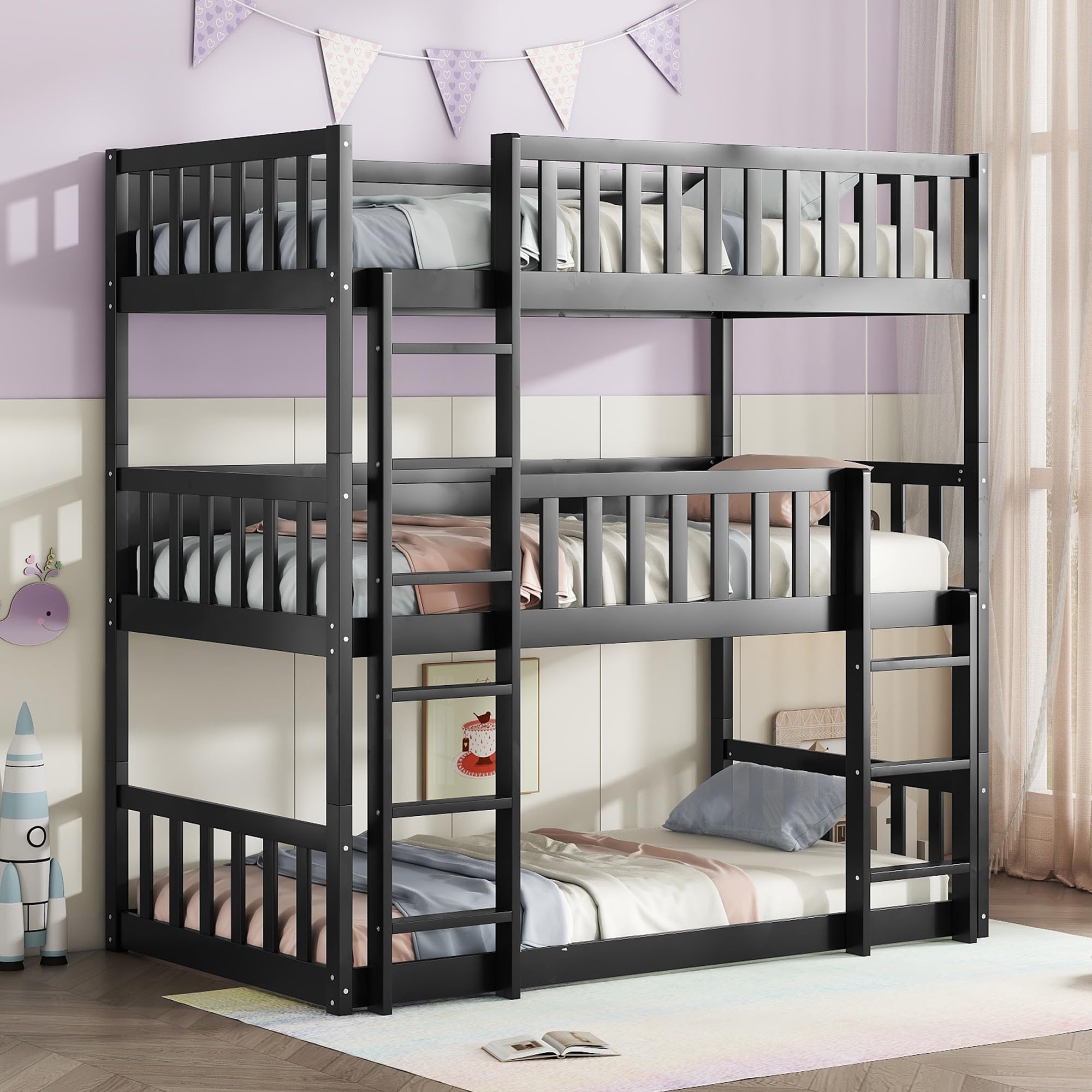 Hommoo Triple Bunk Bed Twin Over Twin Over Twin Bed Convertible Bed Frame Rubber Wood Bunk Bed with Ladder and Guardrail for Teens/Adults Bedroom Dorm