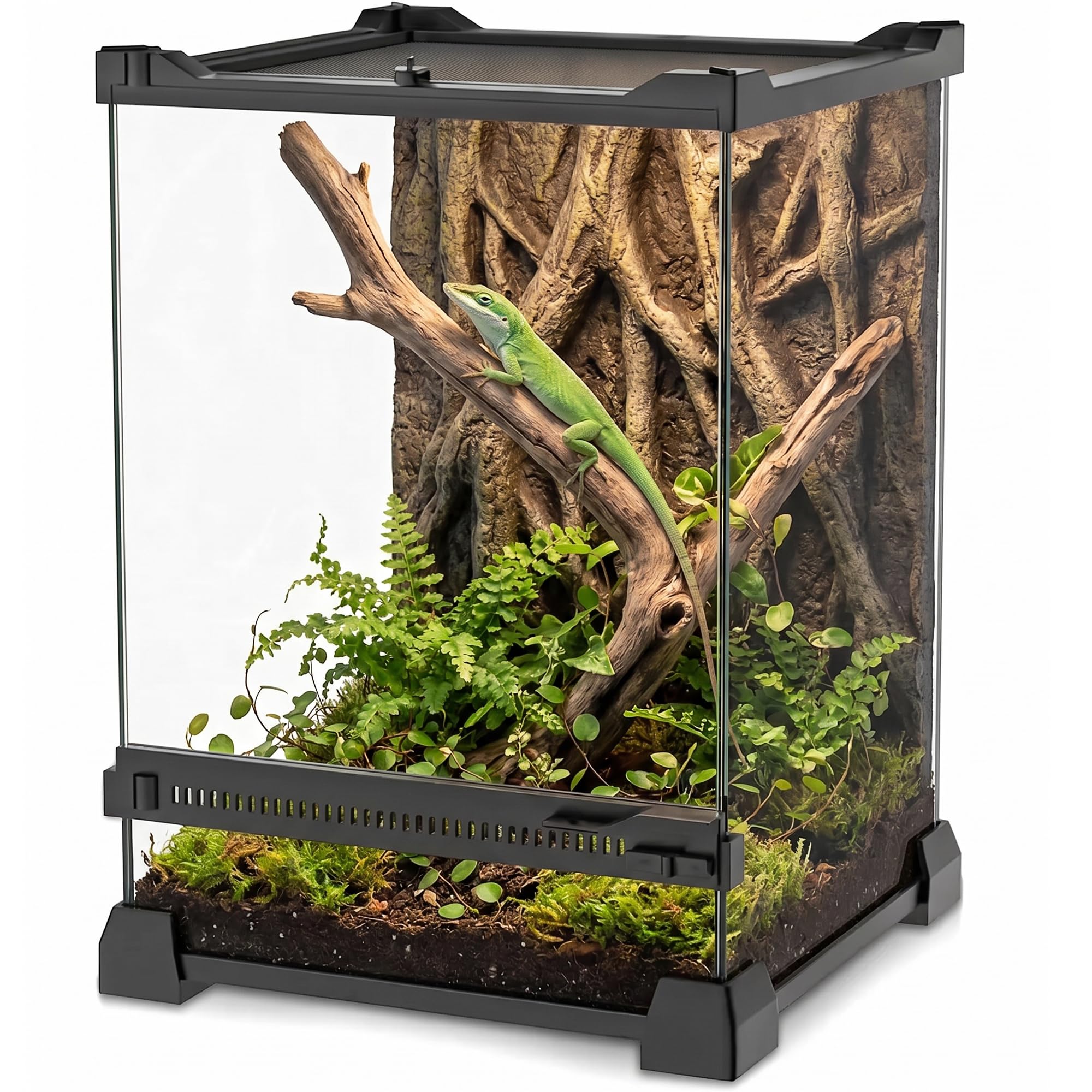 Mini-Reptilien-Glas-Terrarium, 20 x 20 x 30 cm, robuster Reptilien-Lebensraum mit hitzebeständigem Rahmen aus Aluminiumlegierung, Einzelschwingtüren, kein Stau durch Sand und Anderen