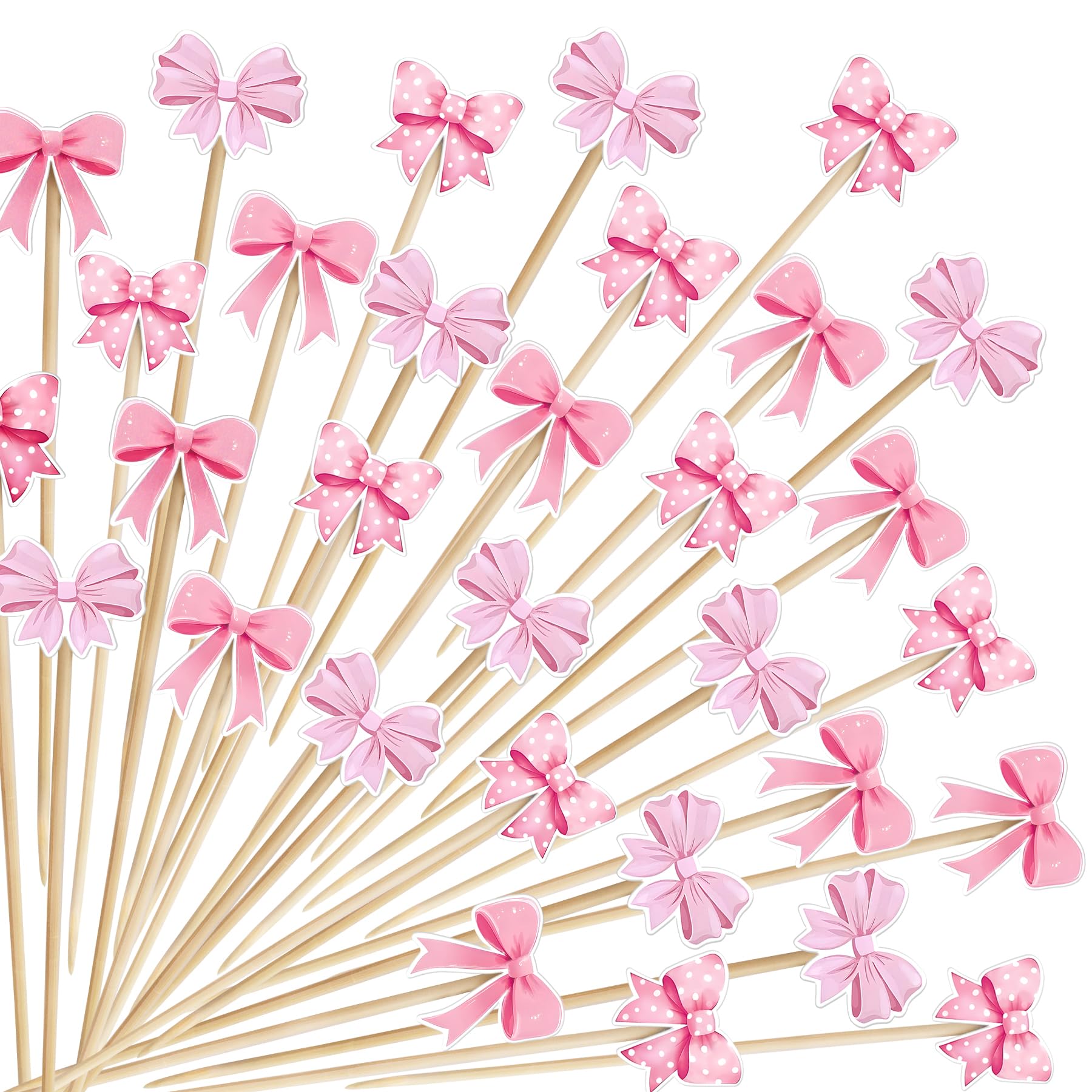 100Pcs Pink Bow Cocktail Picks Cute Bowknot Toothpick Long Cocktail Appetizer Skewer for Fruit Drink Dessert Bachelorette Martini Party Supplies