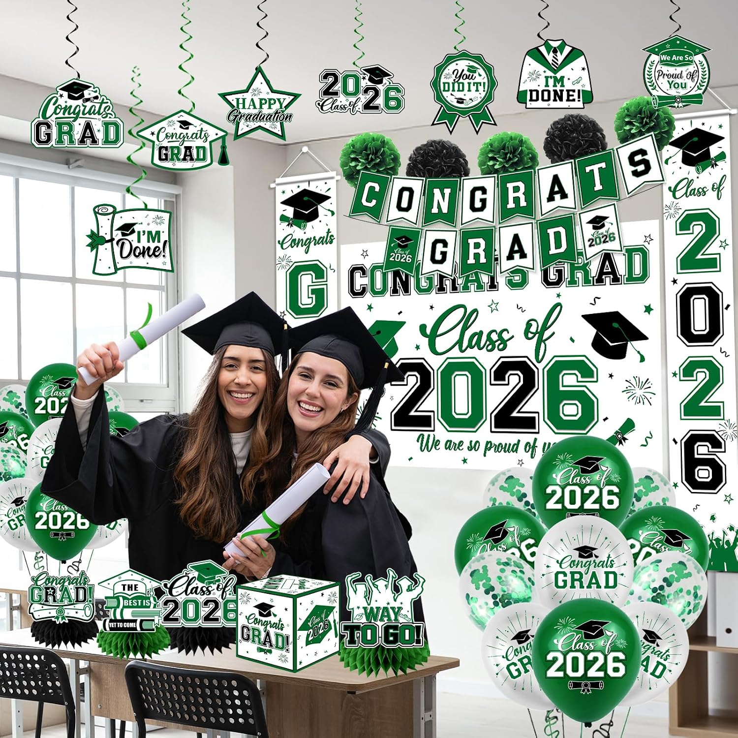 Graduation Decorations 2026 Set Black and Green - Graduation Party Supplies with Congrats Grad Banner Backdrop Balloons Hanging Swirls Honeycomb Centerpieces for Grad Party Decorations image 3