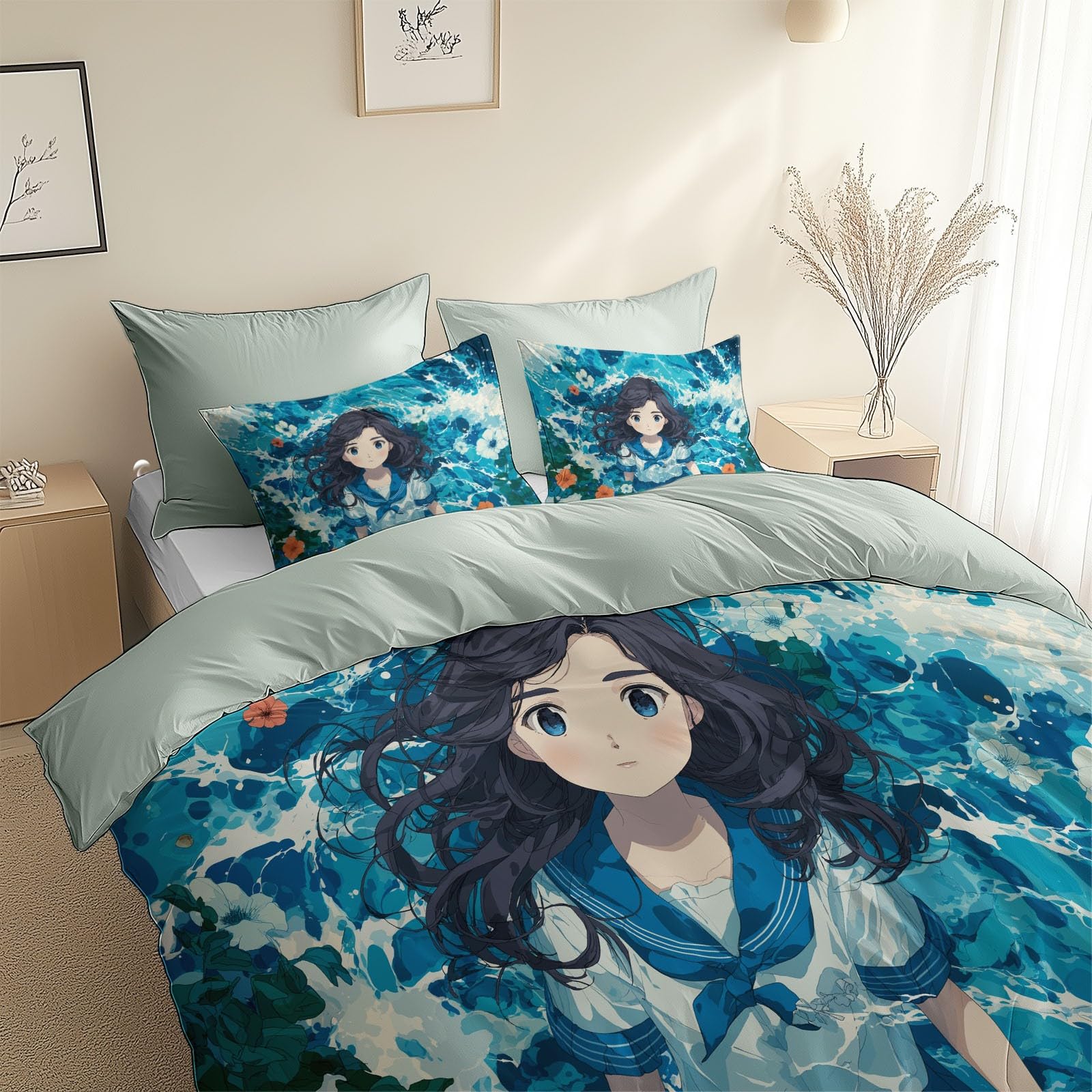 Zestaw poszewek na kołdrę w stylu anime, kreskówka, dziewczyna, rozmiar pojedynczy, 135 x 200 cm, z 2 poszewkami na poduszki (50 x 75 cm), szałwiowa szara, łatwa pielęgnacja, miękka, przytulna