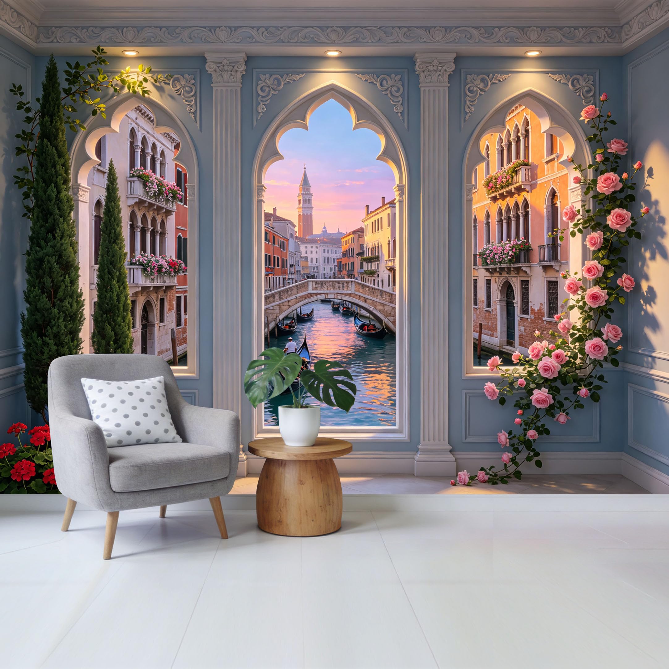 Removable Self Adhesive Fabric Mural， Venetian Canal Floral Archway Custom Size Wall Covering， UV Protected Waterproof Washable Wall Decor for Living Room Bedroom Bathroom