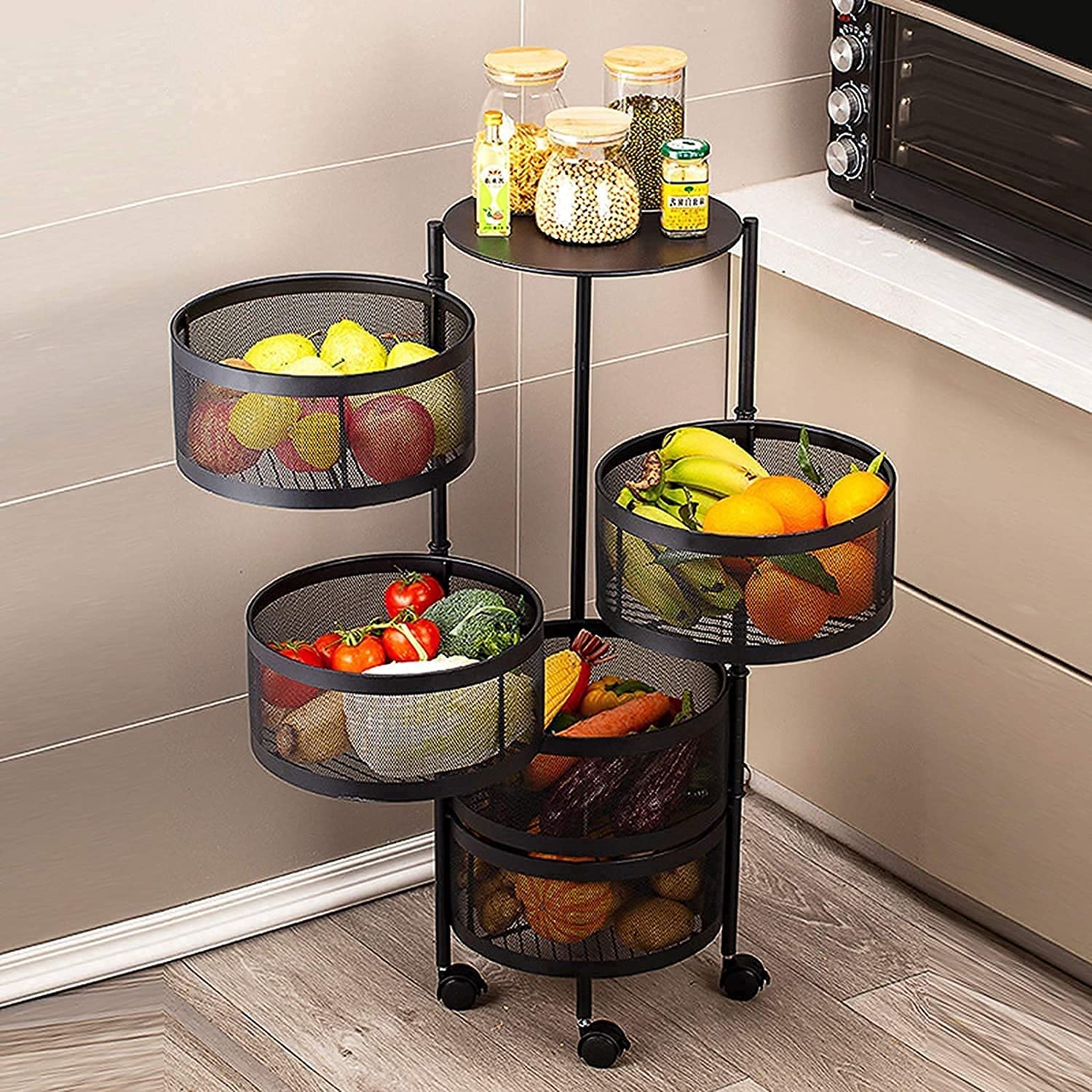 Estante de frutas de 5 capas para cocina y baño con base de pie móvil