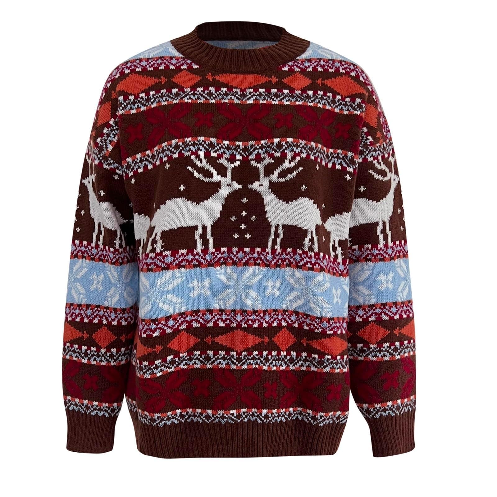 Ugly Christmas Sweater Womens Long Sleeve Reindeer Snowflake Knit Pullover Winter Loose Fit Holiday Party Novelty Top