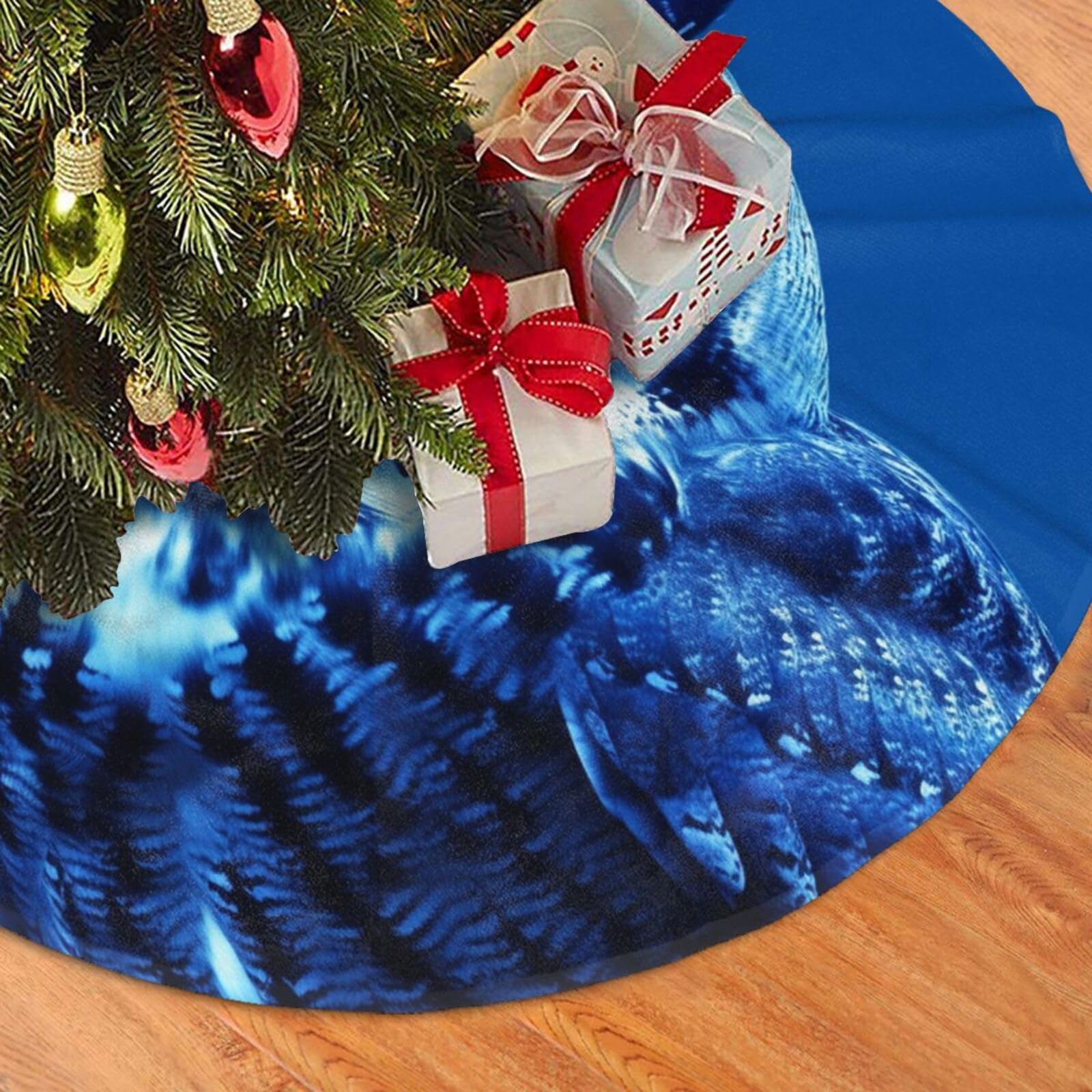 Fodpand Black Blue Owl Christmas Tree Skirt 30" Velvet Xmas Tree Skirt Mat Rustic Christmas Tree Mat Cover Winter Xmas Tree Collar For Indoor Outdoor Christmas Decorations