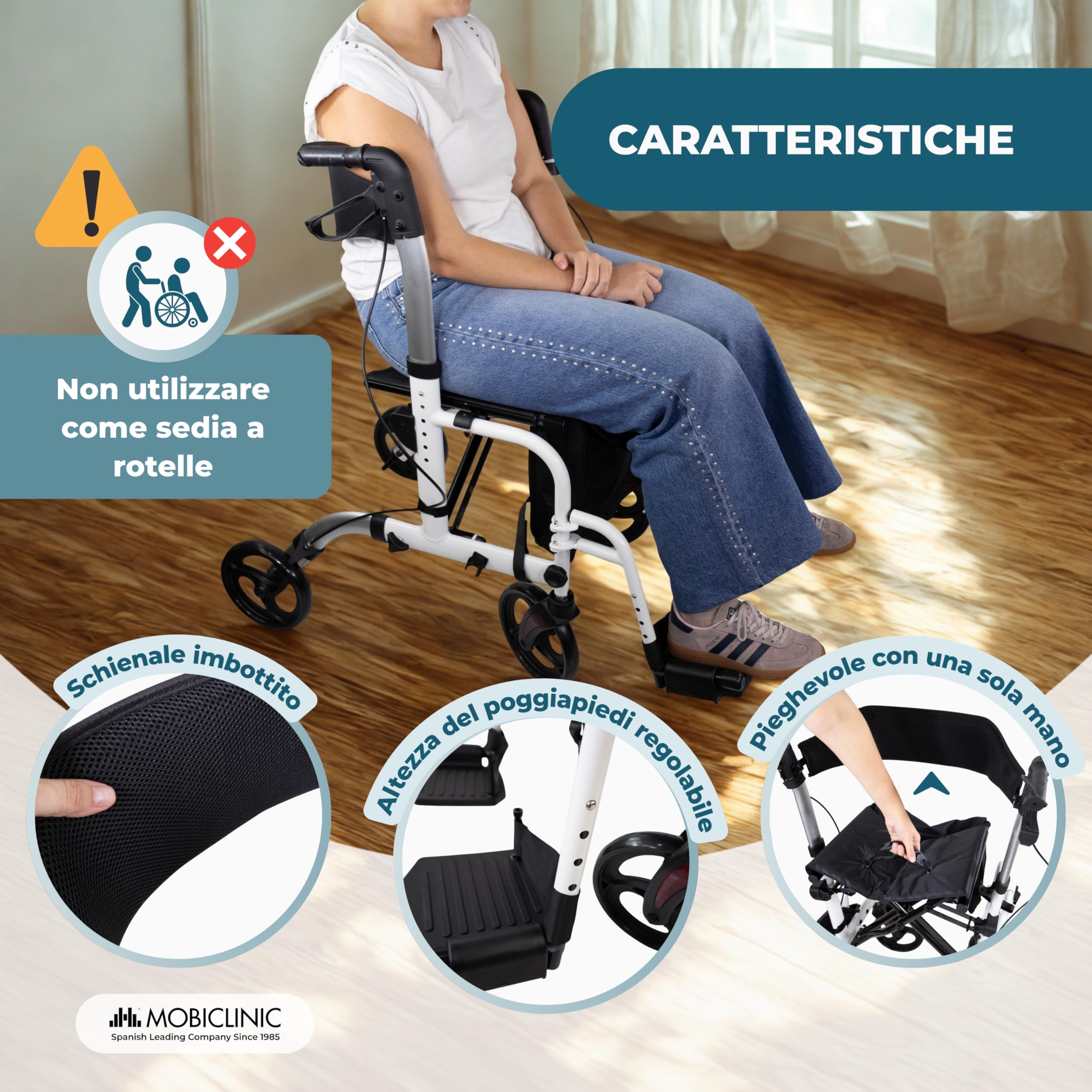 Mobiclinic®, Deambulatore Pieghevole, con Poggiapiedi, Regolabile in Altezza, Max. 136 Kg, con Freni, Schienale Reversibile, Ruote 360º, Borsa, Porta Bastone, Ibiza