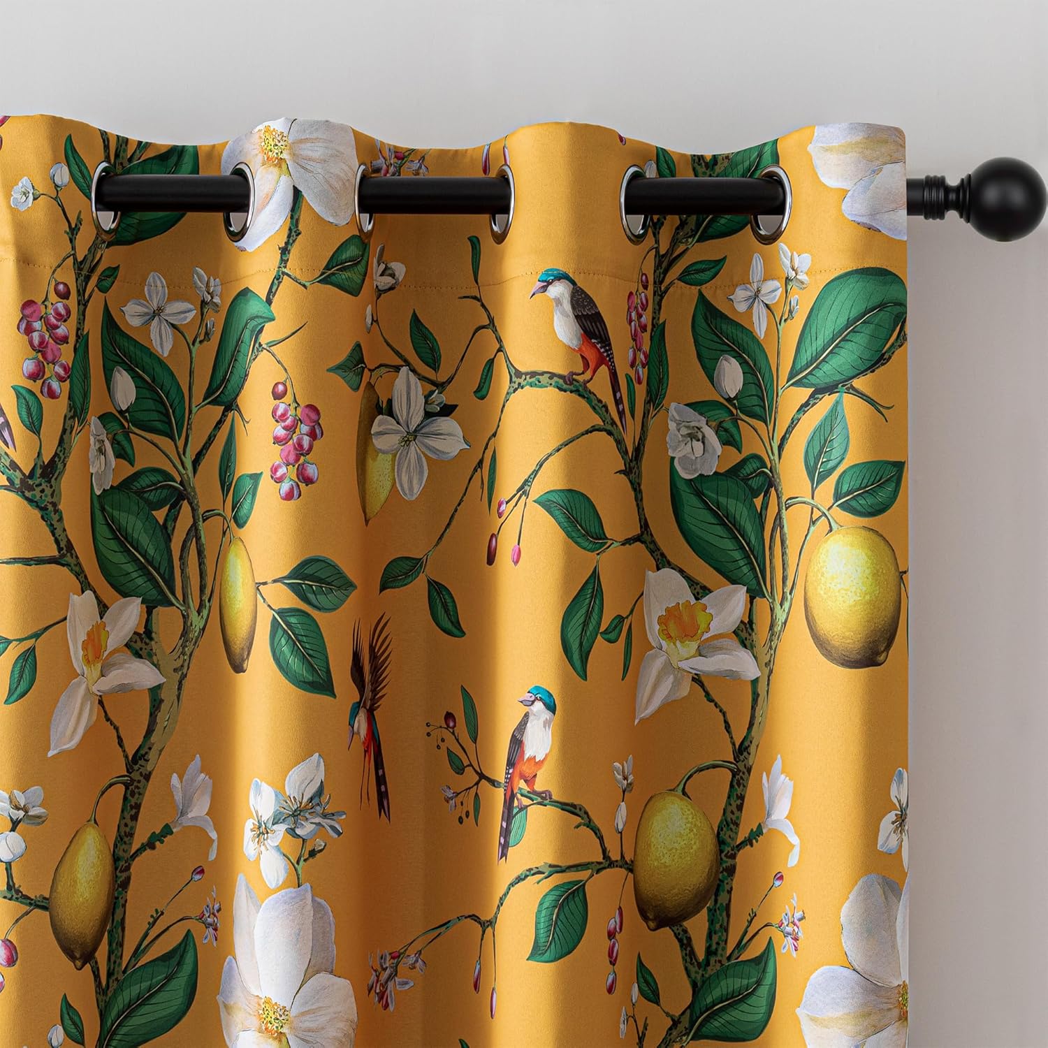 MYSKY HOME Yellow Floral Blackout Curtains 84 inch Long for Living Room Vintage Mid Century Style Lemon Hummingbird Patterned Room Darkening Privacy Drapes Grommet Bedroom Dining Room, 2 Pcs, 52"Wide