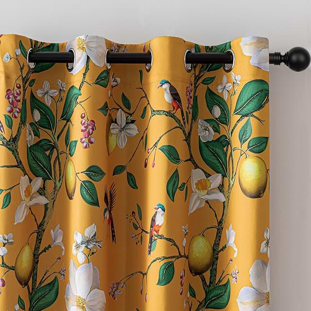 MYSKY HOME Yellow Floral Blackout Curtains 84 inch Long for Living Room ...