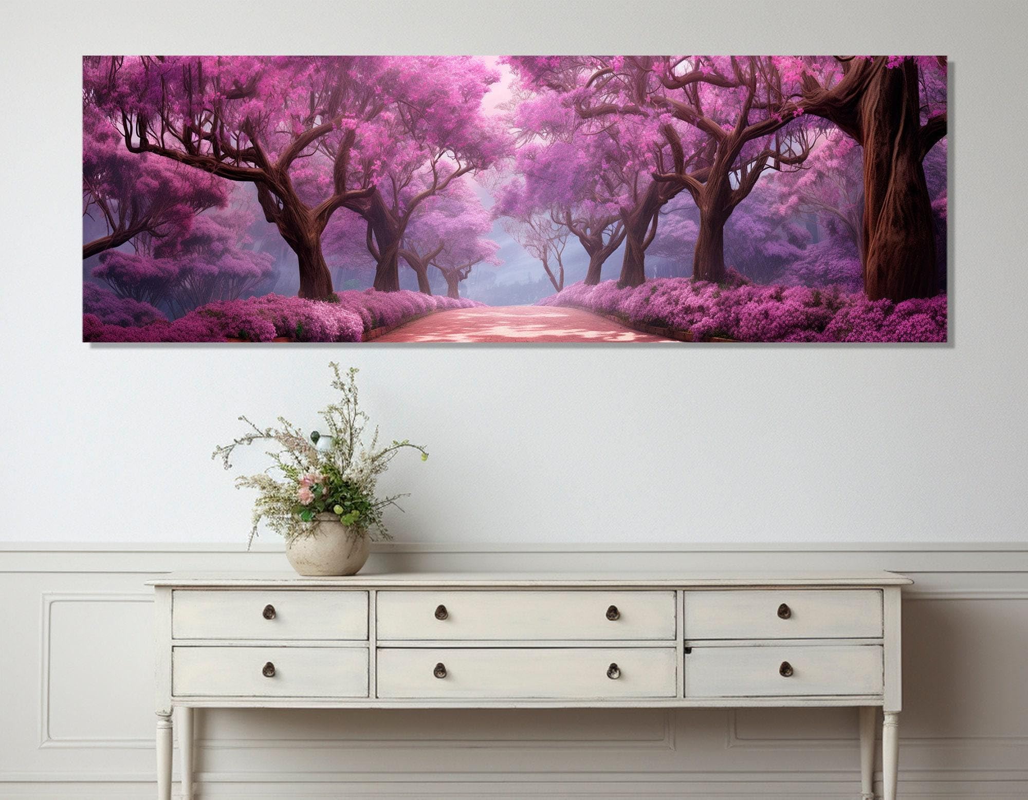 Affiches sur toile Nature fleurs roses : tableau abstrait moderne 35x105cm sans encadrement